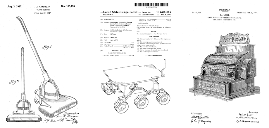 Image of old design patents with technical figures included with text "Design Patent Process" and design patent process steps