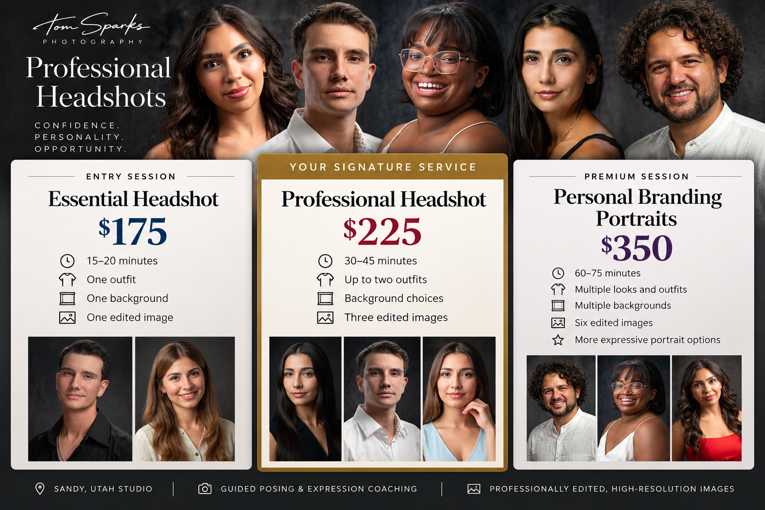 Headshot prices:
Essential Headshot
$175
15–20 minutes, one outfit, one background, one edited image.
YOUR SIGNATURE SERVICE
Professional Headshot
$225
30–45 minutes, up to two outfits, background choices, three edited images.
PREMIUM SESSION
Persona