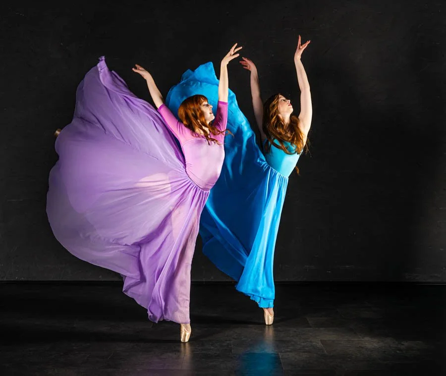2 red headed sisters dance together in circle skirts 720 degree