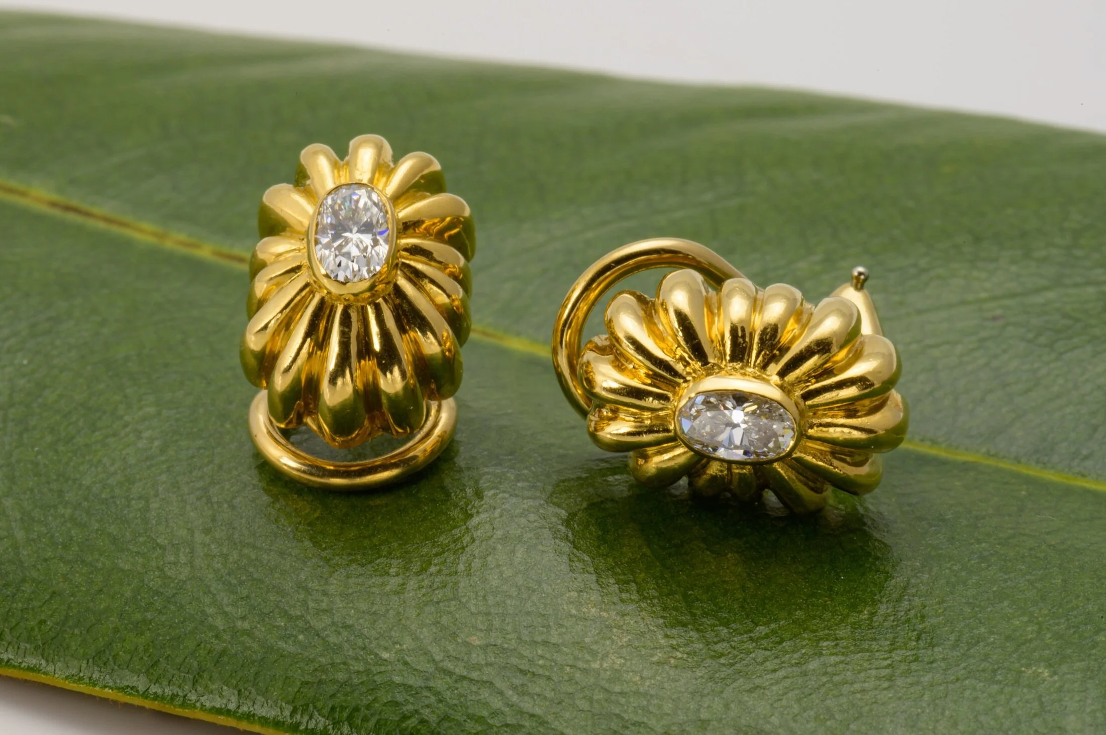 Gold and Diamond Oval Ear Clips