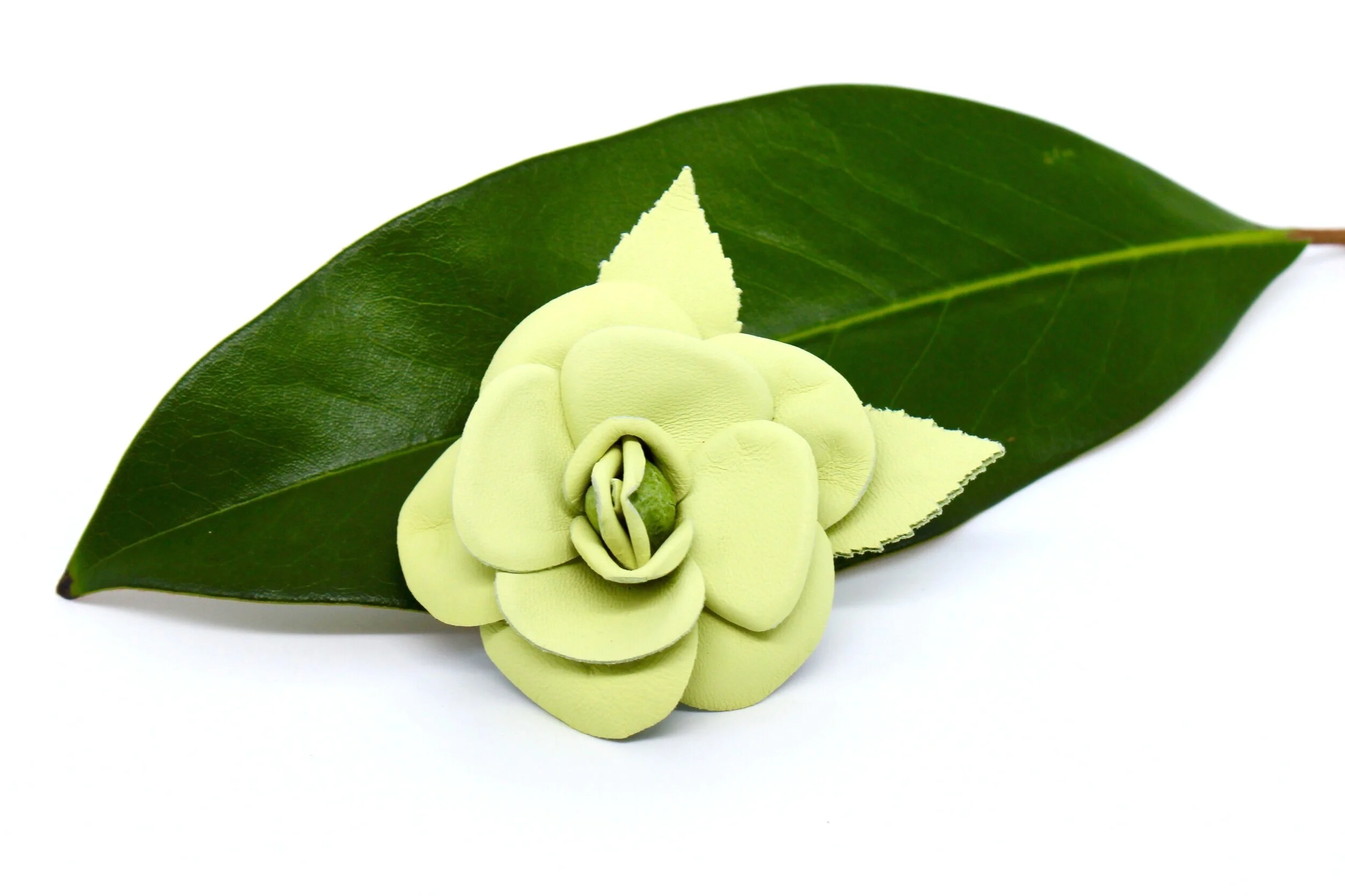 Chanel Camellia Brooch - Lime Green Leather