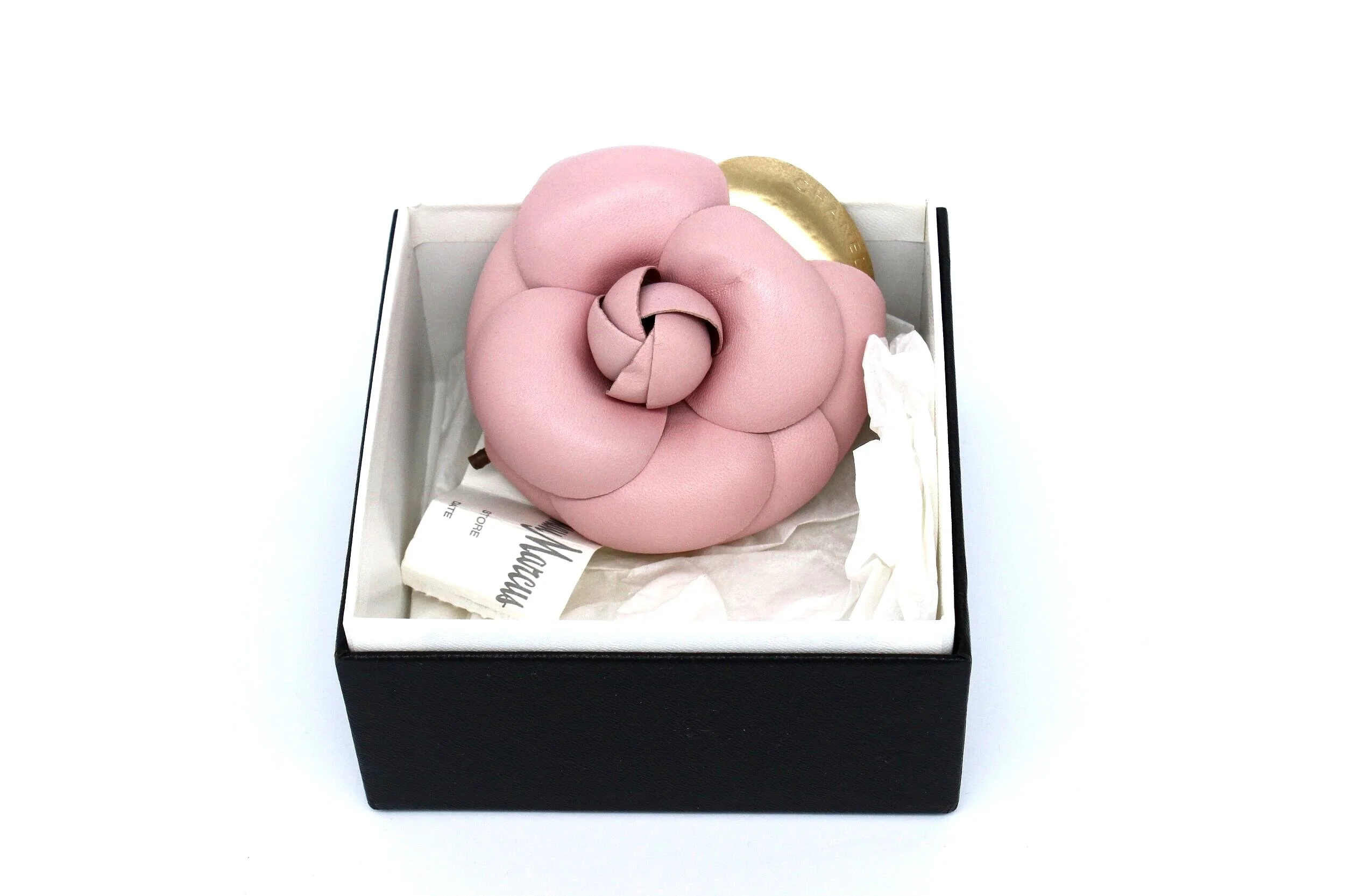 Chanel Camellia Brooch - Pink Leather with Gold Metal