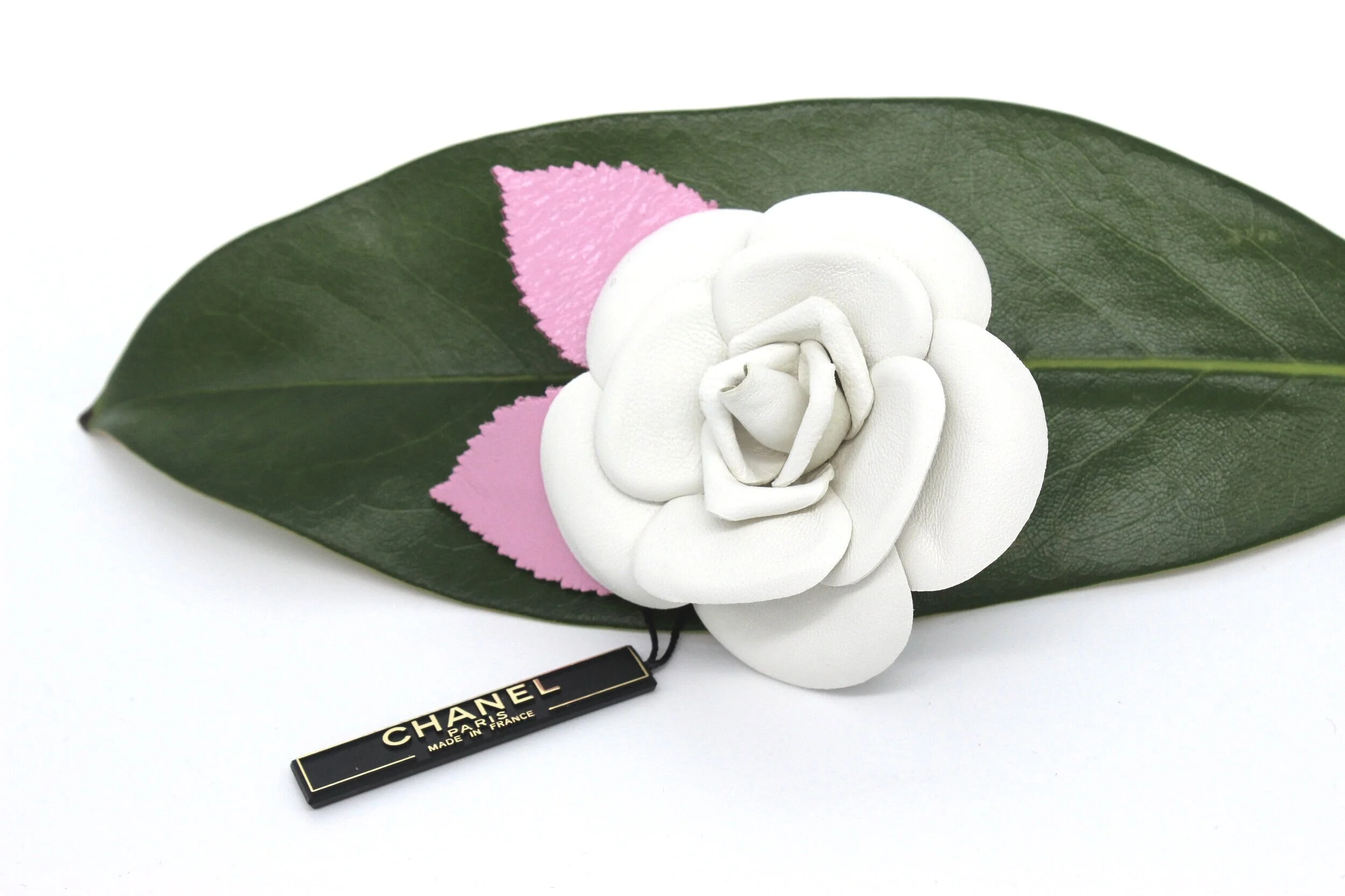 Chanel Camellia Brooch - Pink and White Leather