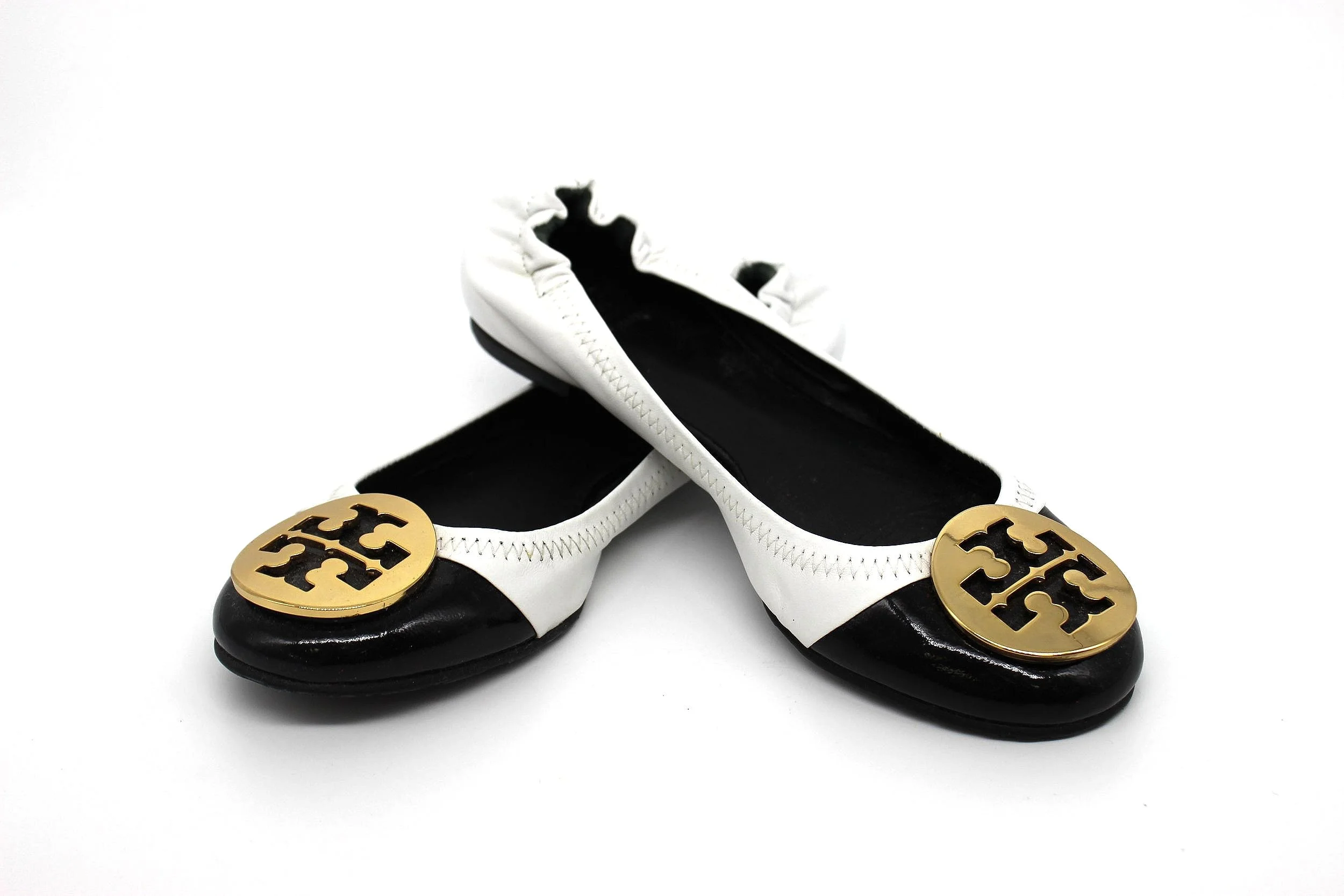 Tory Burch Reva Flat in White with Black Patent