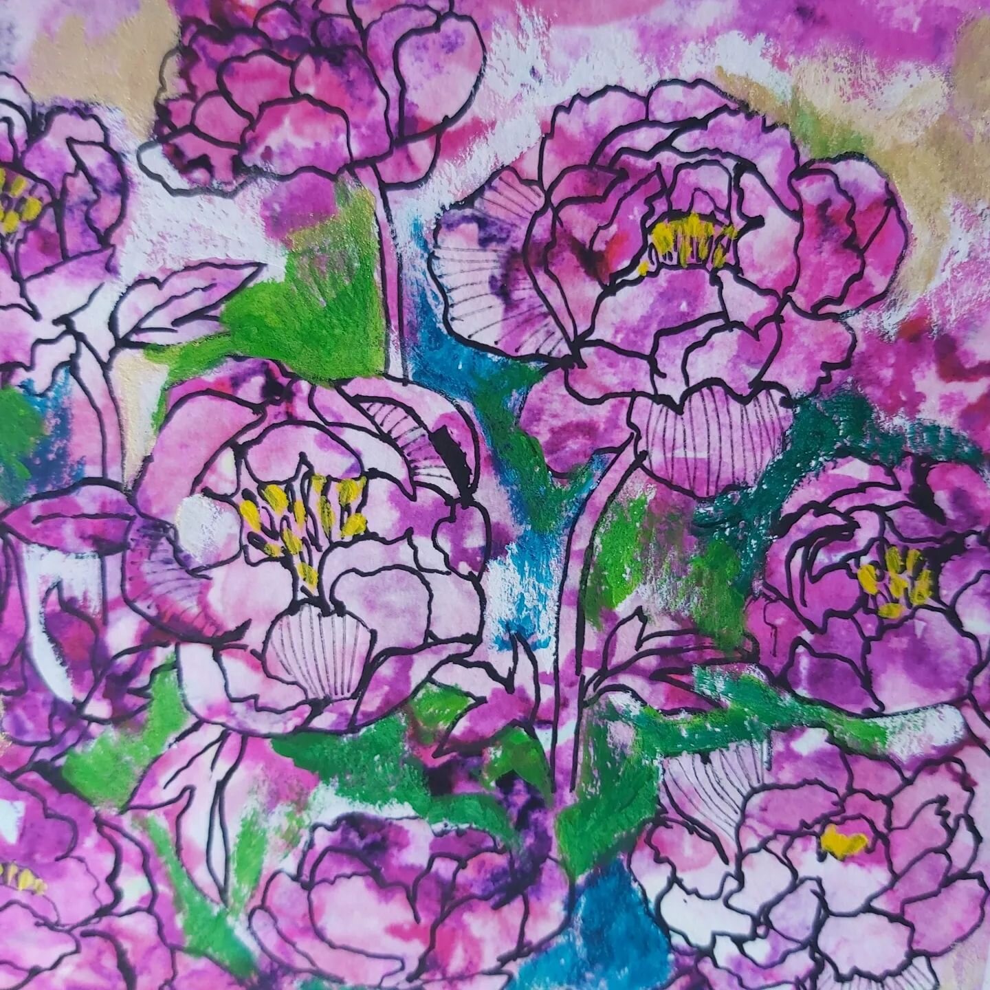 For the past 2 weeks, I've been experimenting with inkjet prints, ink pens and acrylic paint to create artworks. This one features peony flowers. The background is created from an abstract watercolour painting digitally manipulated in Photoshop, than