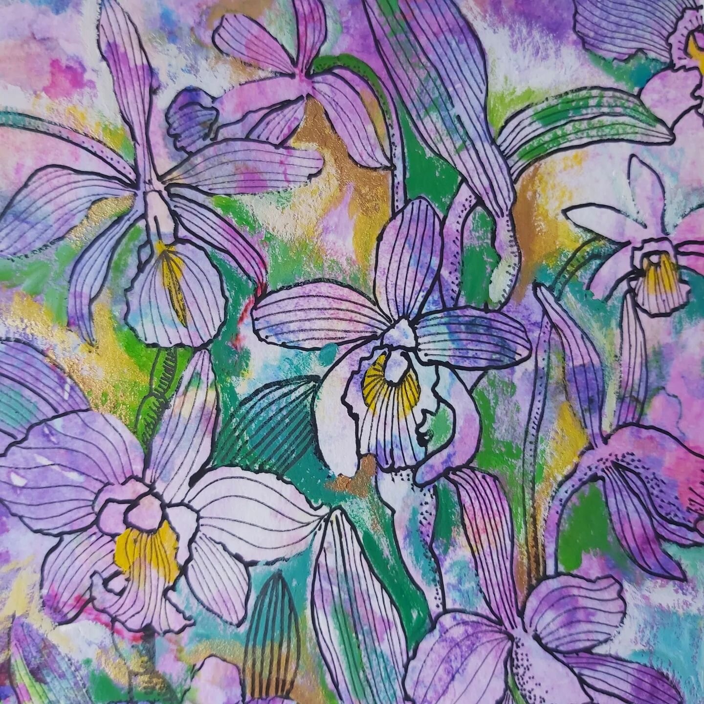 &quot;Orchid Garden&quot; Digital inkjet print with mixed media (acrylic paint and ink) on rag paper. #flowerart #flowerartist #townsvilleartist #mixedmedia #flowerdrawing #orchidpainting #creative #inkjetprint #brightandcolourful #atelieracrylic #pe