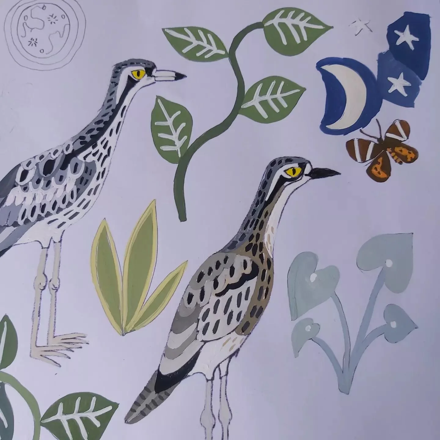 Work in progress - creating elements for a new pattern design inspired by Stone Curlews and night moths. Can't wait to show you the finished design on fabric. #patternelements #australianbirds #colourstudies #gouachepainting #curlews #patterntobe #to