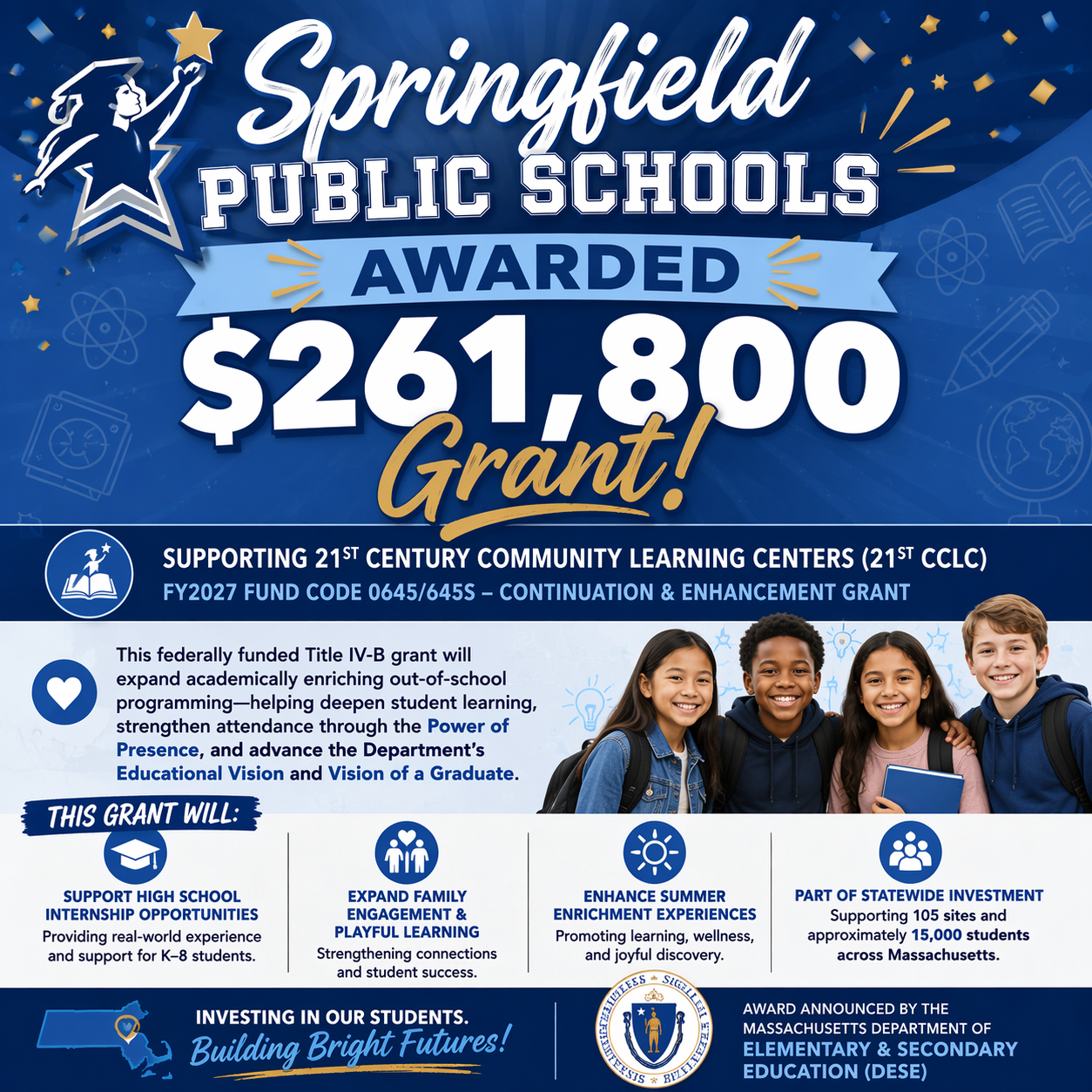 Springfield Public Schools Awarded $261,800 to Expand 21st Century Community Learning Centers Programming