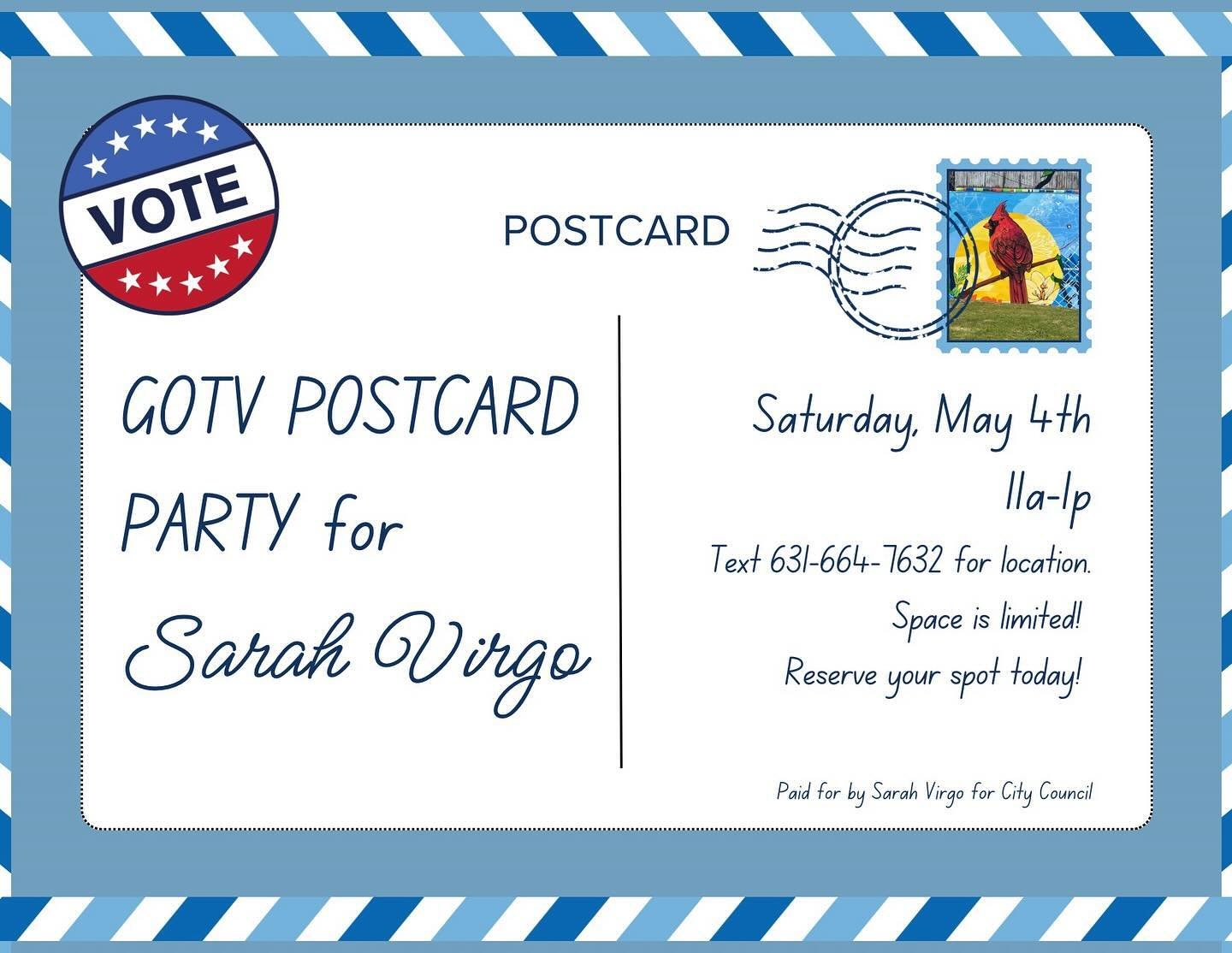 Join us for a GOTV (Get Out the Vote) Postcard Party for the @vote4virgo campaign! 

Are you passionate about making a difference in our community? Do you want to ensure that every voice is heard in the upcoming election? Join us for a fun and impact