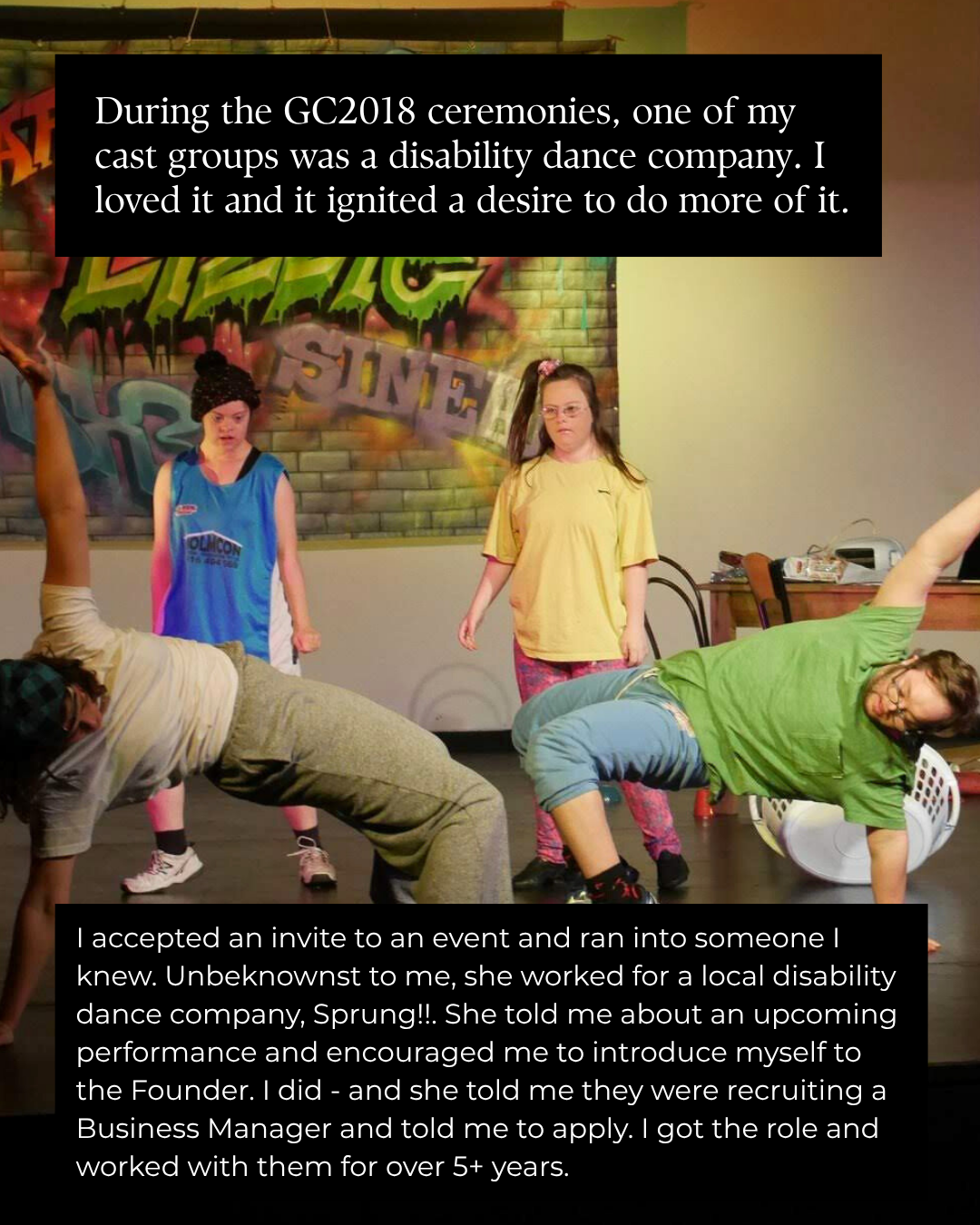 Chance meeting at an event led to a Business Manager role at disability dance company Sprung!!, where I worked for five years.
