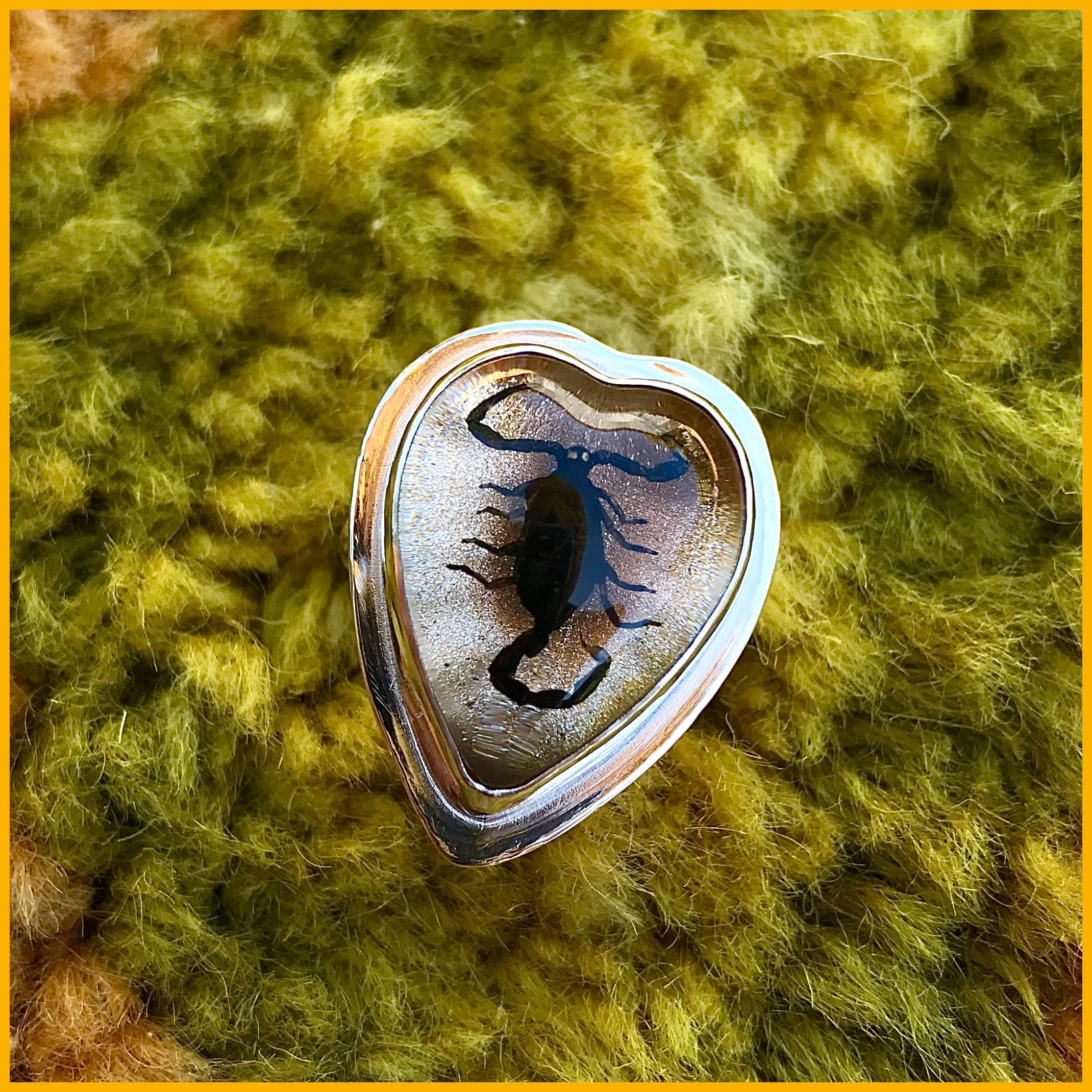 Golden heart real scorpion silver ring