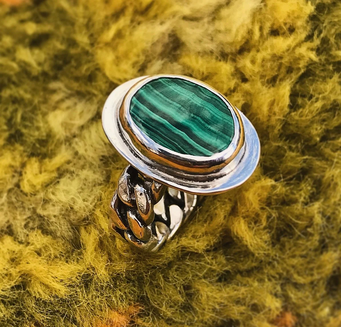 Malachite and chains, this ring is ready to ship and make you even hotter.