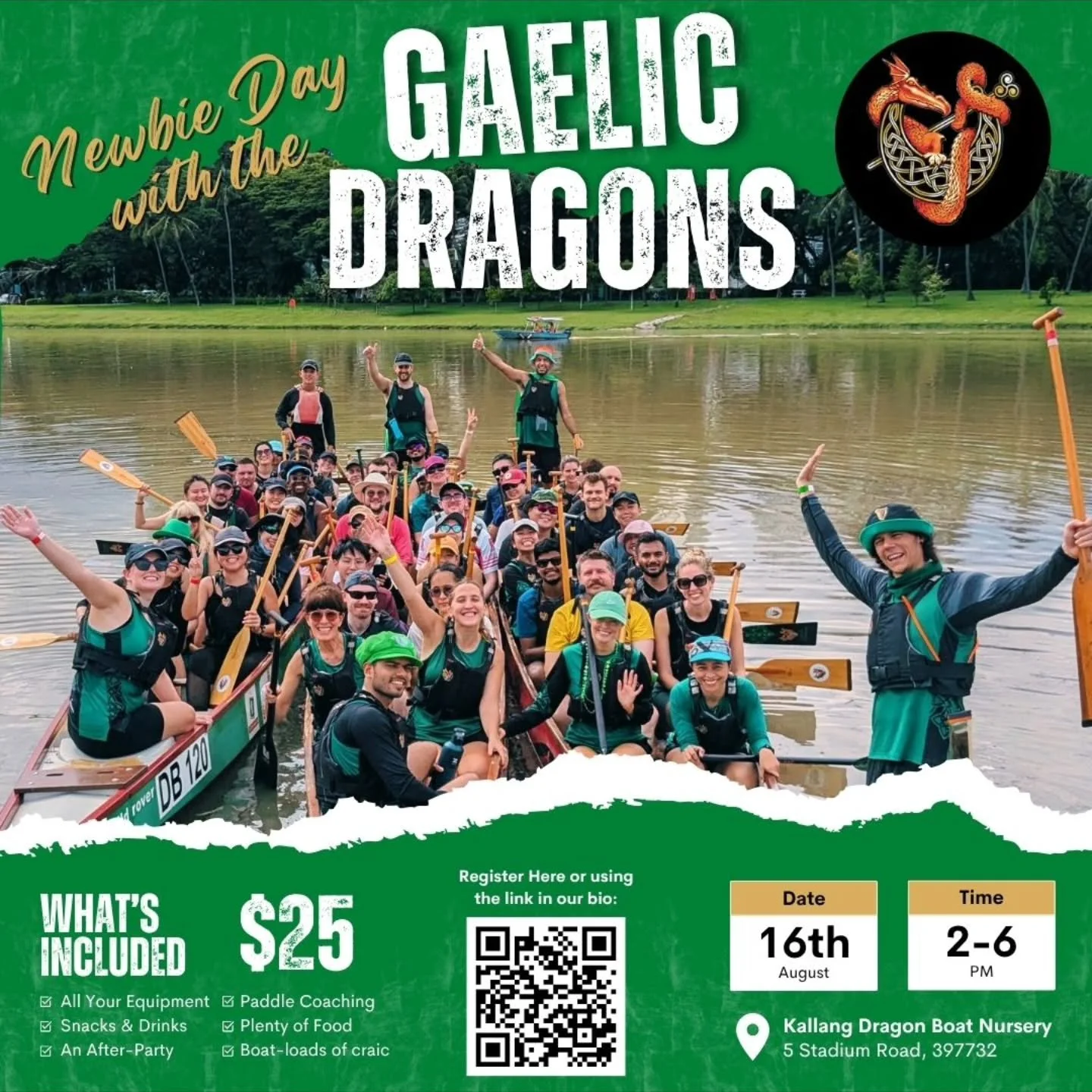 🚣‍♀️ NEWBIE DAY IS BACK! ☘️
Ever wanted to try dragon boating? Now’s your chance! Join the Gaelic Dragons on August 16th for an epic afternoon on the water 🐉💦
✅ Paddle coaching
✅ All equipment provided
✅ Food, drinks & after-party v