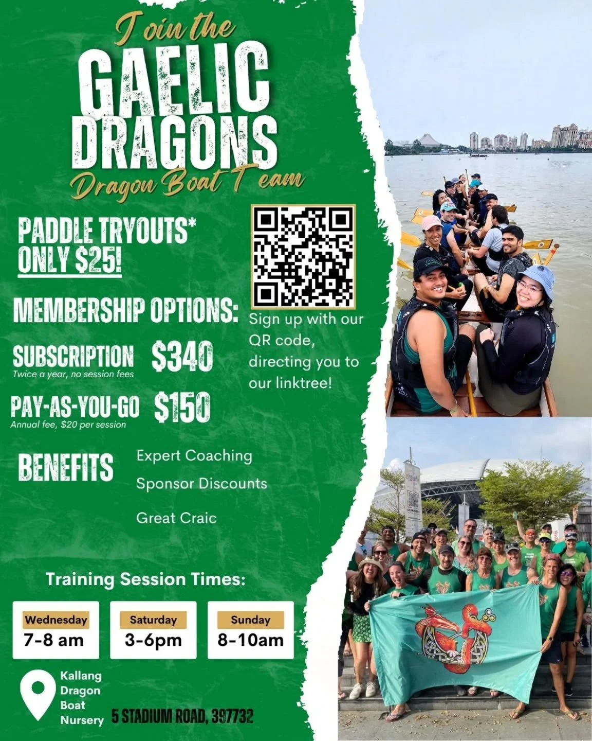 Come and join the Gaelic Dragons Dragon Boat Club!
Please find our sessions in our linktree, which is in our bio.
Paddles up, kick arse, go Gaelics !!!! 💚🇮🇪🛶

#paddlesup #dragonboat #singaporedragonboatclub #sdba #idbc #paddle #watersports #kalla