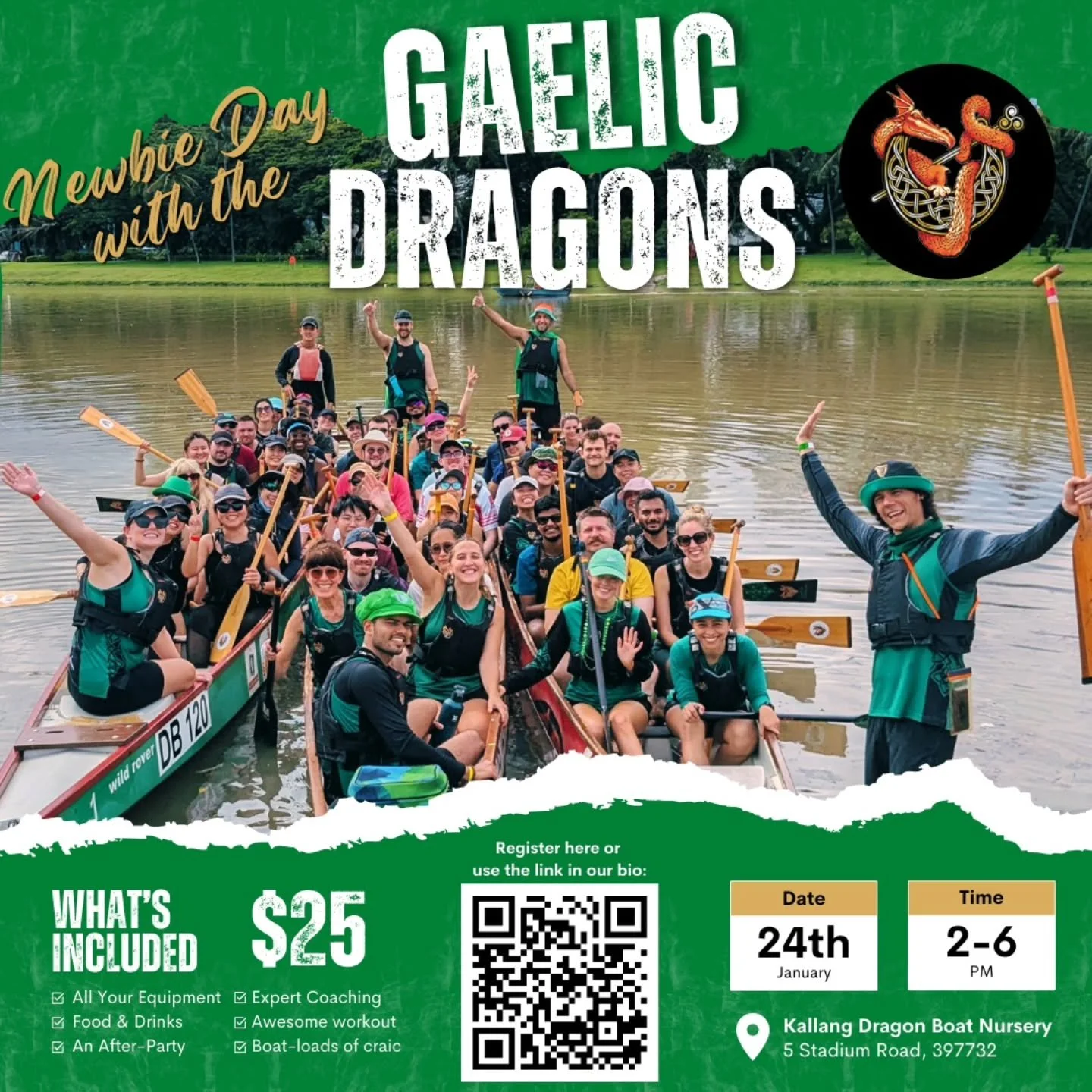 GAELIC DRAGONS NEWBIE DAY &ndash; 24 JAN 🐉

Have you ever wondered what dragon boating is all about? This is your chance to come and find out!

The newbie session will include:

✨ Fun paddle
🏄&zwj;♂️ Coaching &amp; tips (no experience needed!)
🍔 F