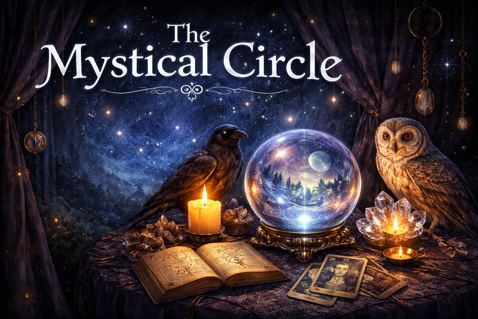 A mystical scene with a starry night sky, a crystal ball reflecting a forest and stars, two owls, one black and one brown, candles, an open ancient-looking book, tarot cards, and hanging crystal ornaments, with the text 'The Mystical Circle' at the top.