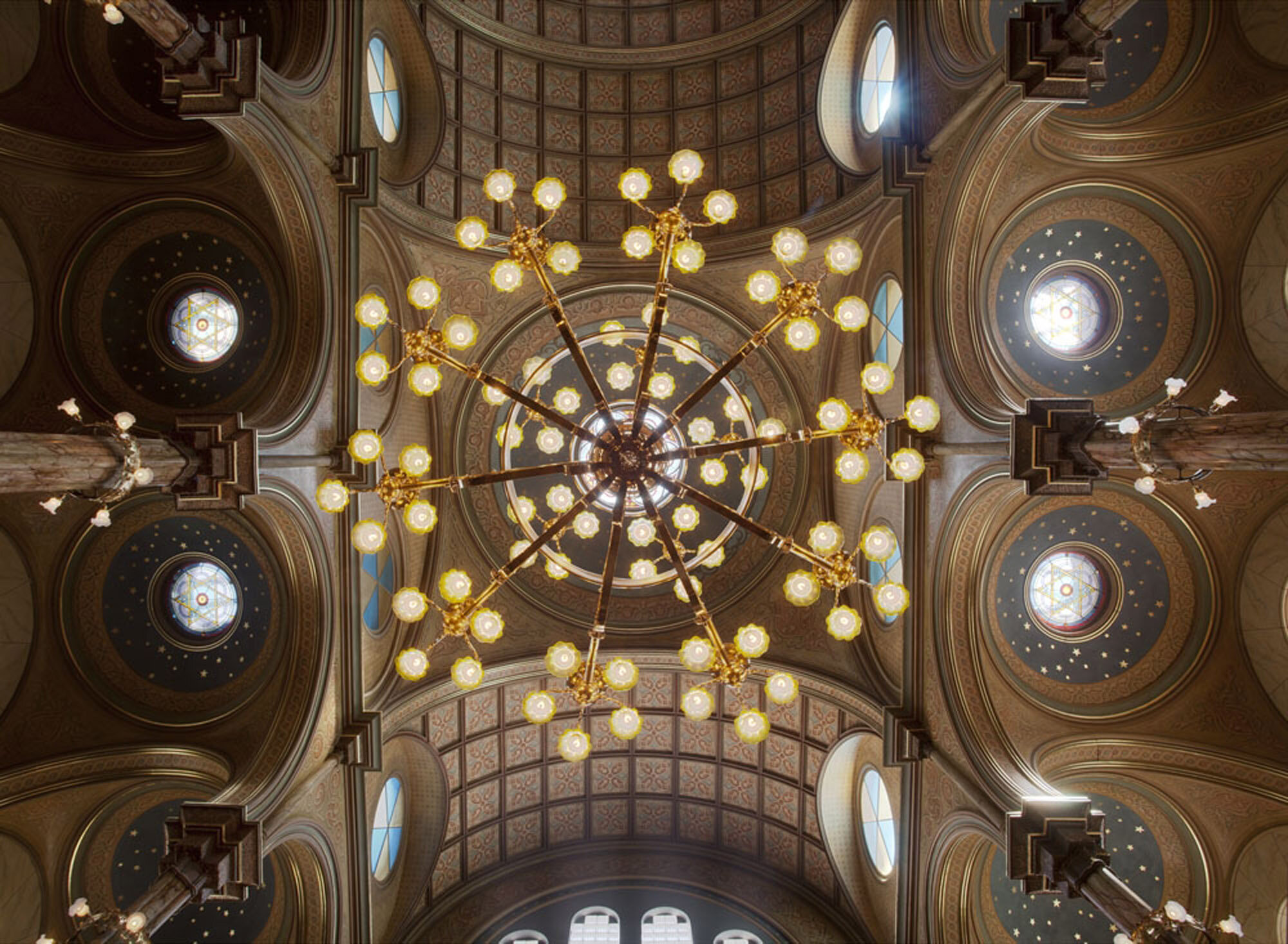 Looking up at the restored chandelier