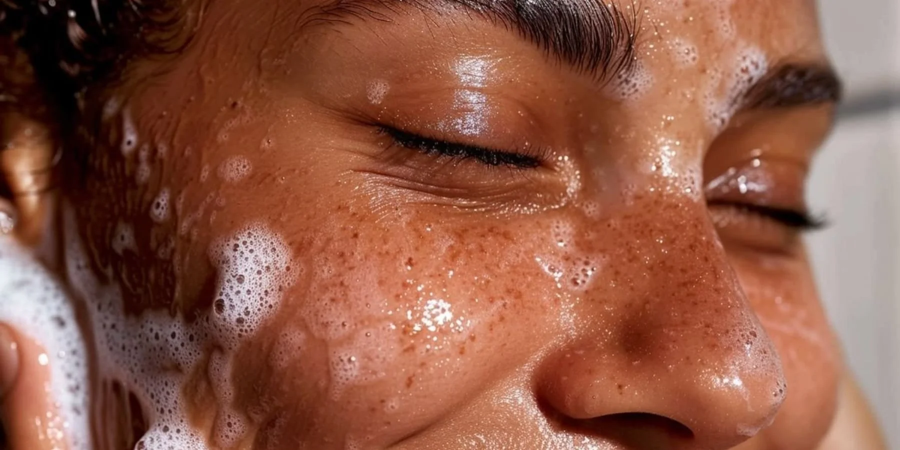 A close up of a woman cleansing her face with her eyes closed