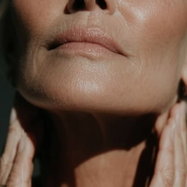 A close up of a woman touching her neck