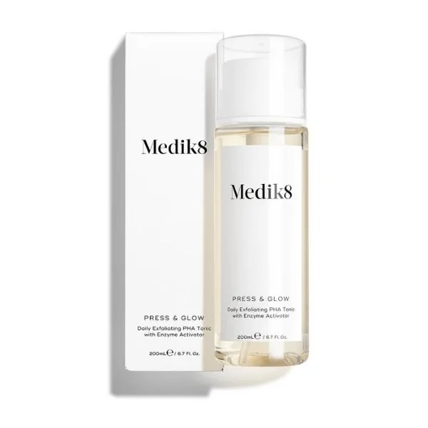 A packshot of the Medik8 press and glow with it's box next to it