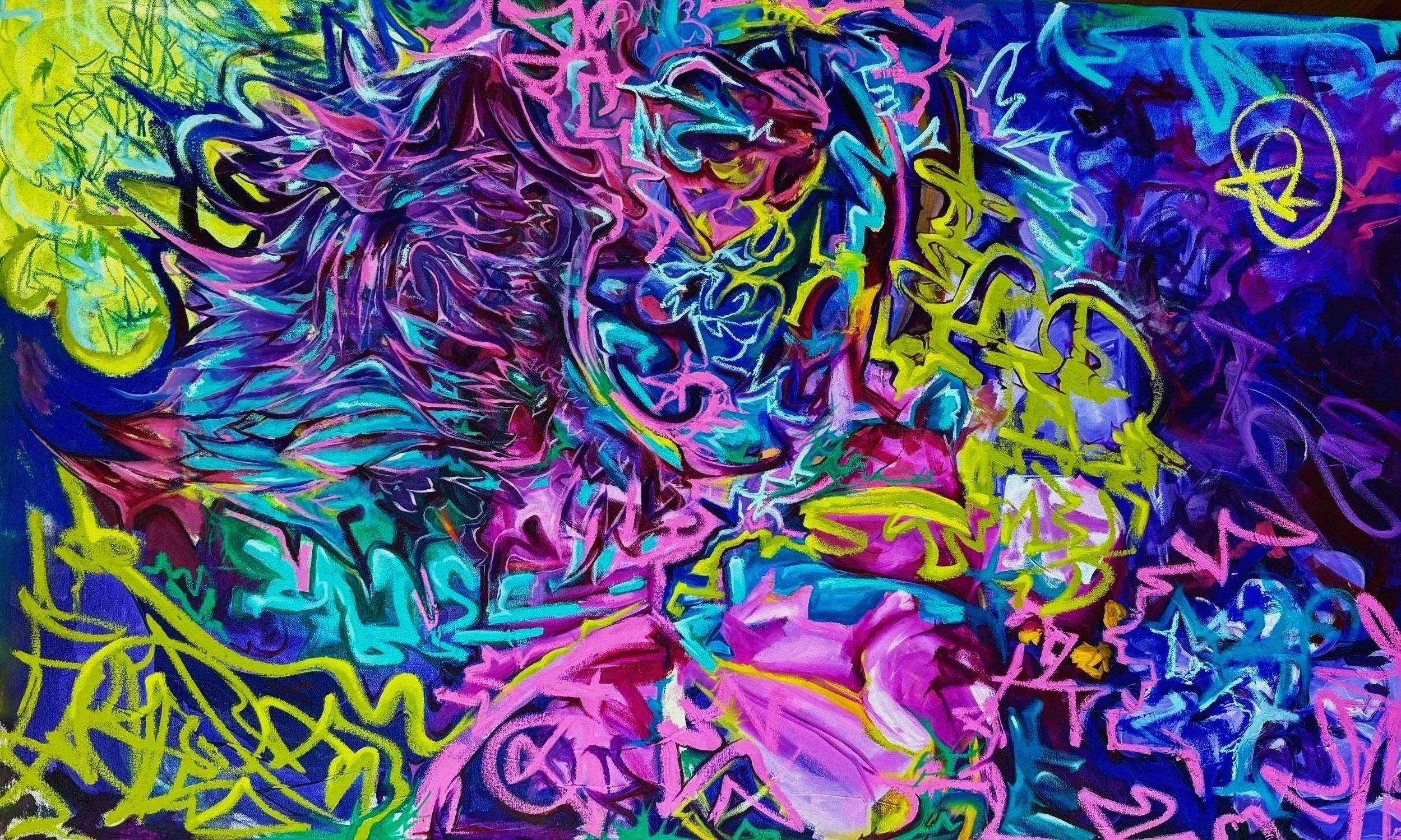 Colorful abstract graffiti art with bright neon colors, scribbles, and layered shapes.