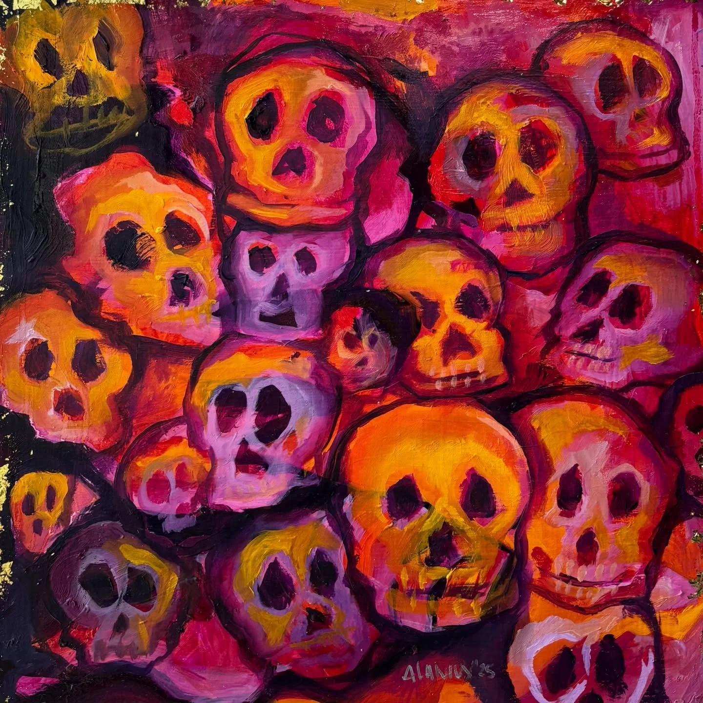 Las Calaveritas vol 2. &oacute;leo en madera (2025) 

Estas son unas calaveritas que pinte para d&iacute;a de los muertos. me gustaron mucho. fueron de esas pinturas que nomas te salen volando del pincel. este dia pint&eacute; 8 pinturas y esta fue l