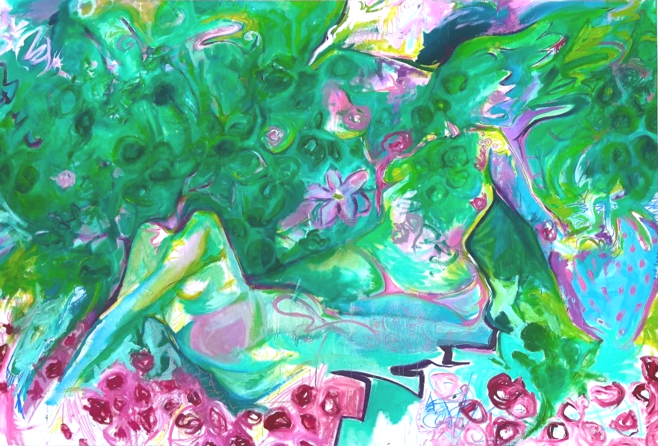 A colorful abstract painting of two women surrounded by flowers and green foliage. The women are depicted with vibrant, swirling colors and patterns.