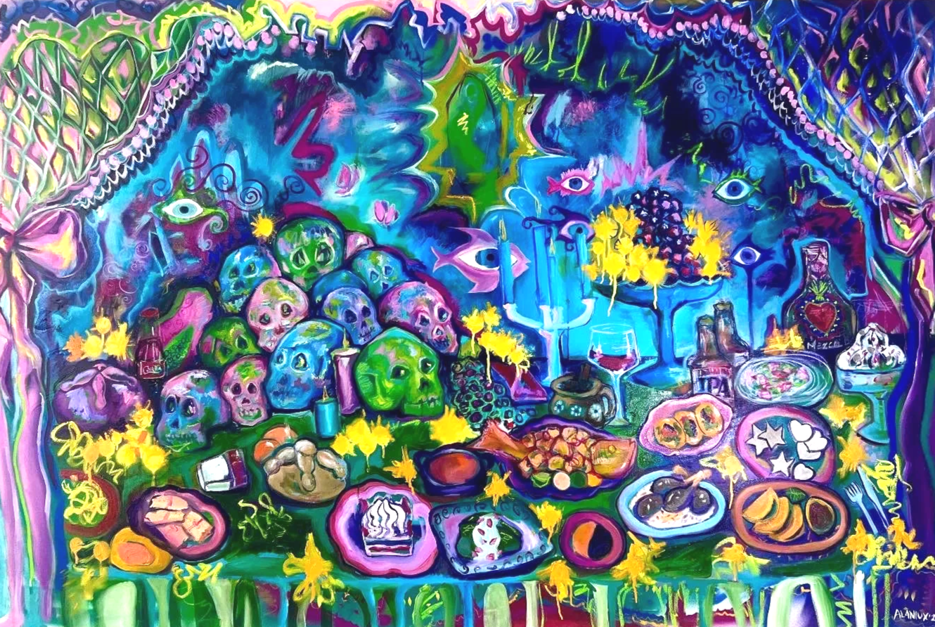 Vibrant, surreal still life painting of a colorful feast with skulls, eyes, flowers, and bottles, featuring bright neon colors and whimsical details.