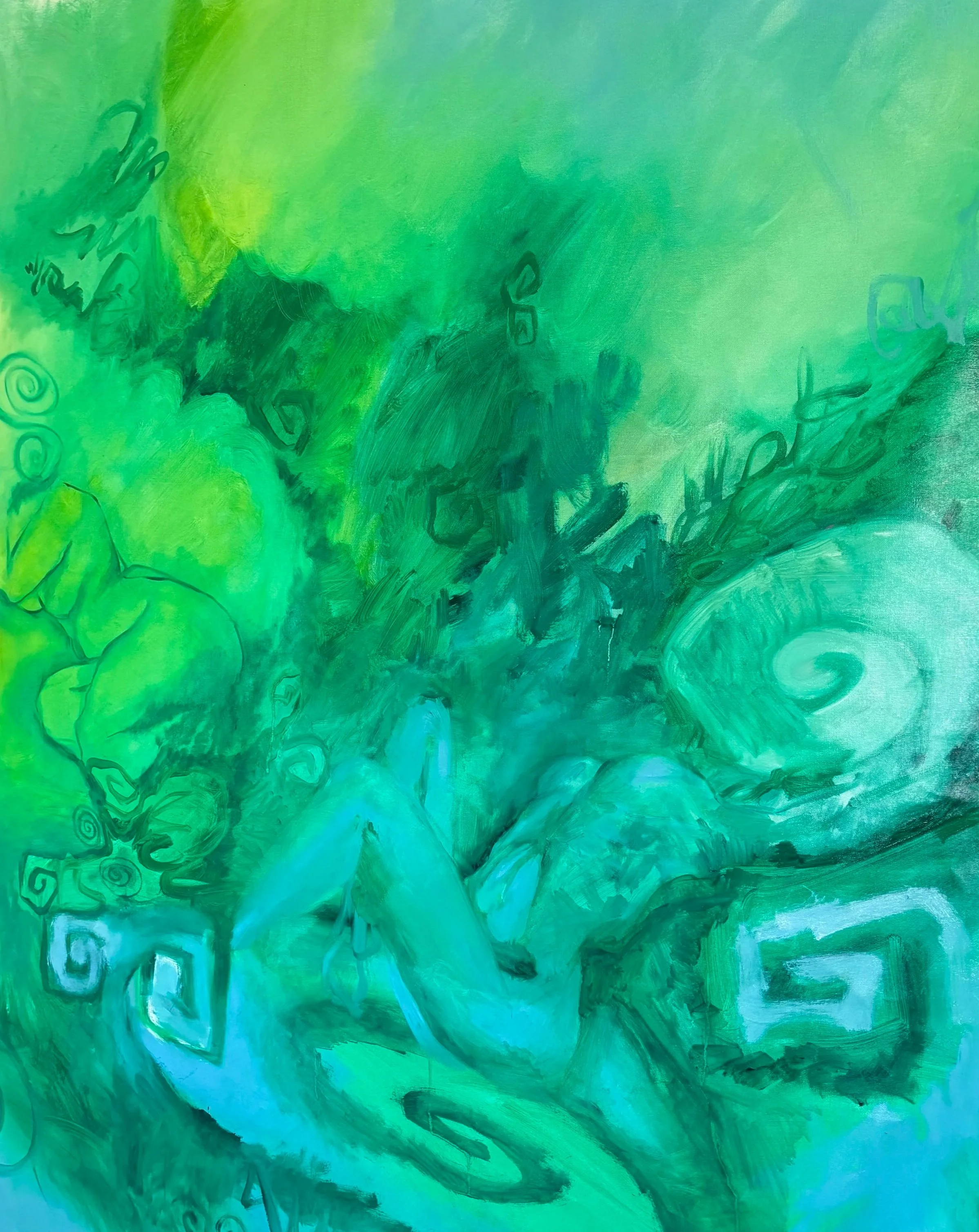 Abstract painting with shades of green and blue, with swirling lines and shapes.