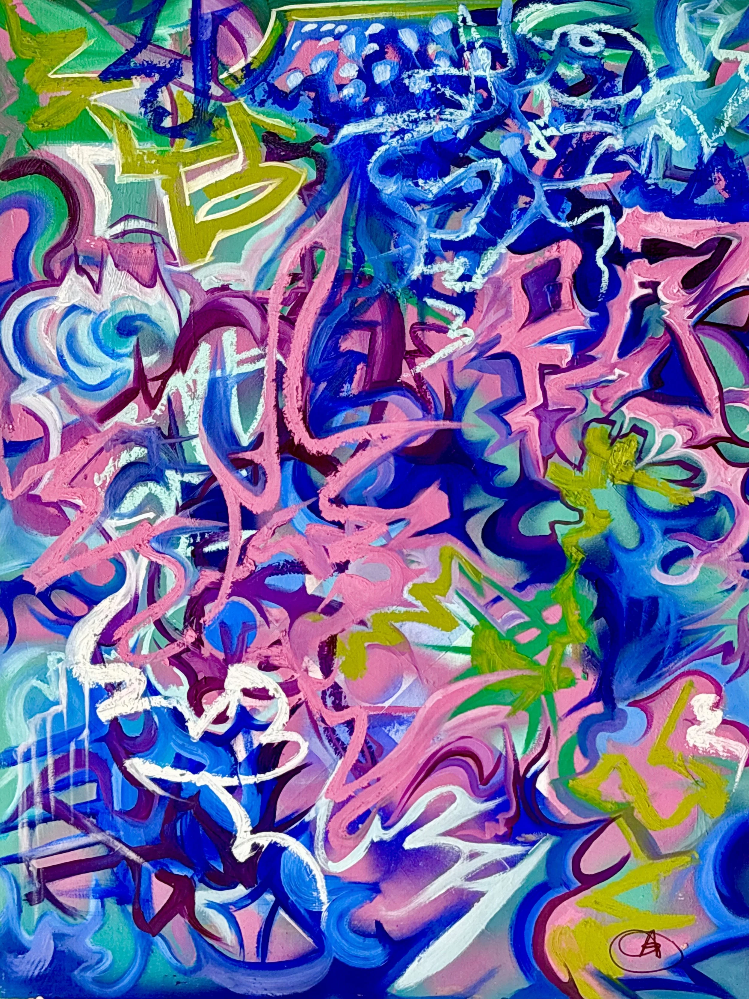 Abstract colorful painting with vibrant pink, blue, green, purple, and white brushstrokes and lines, creating a chaotic and energetic composition.