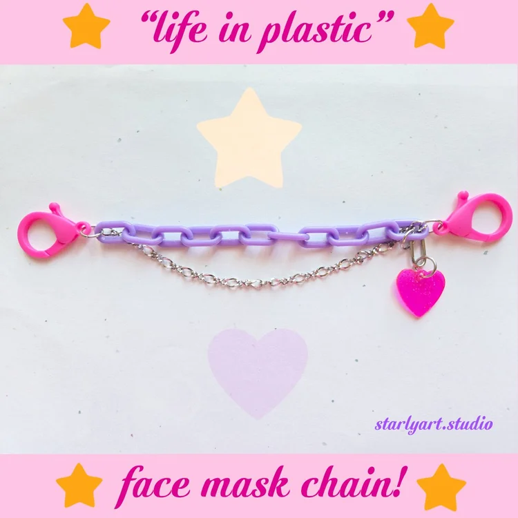 "life in plastic" pink & purple face mask chain