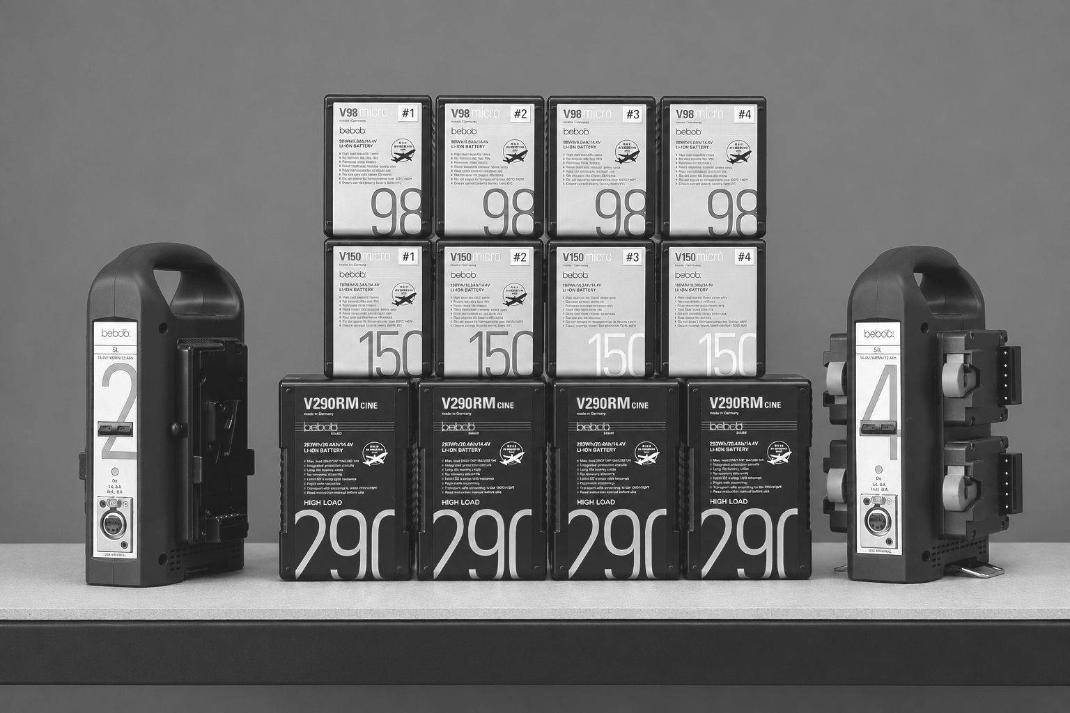 Bebob V-Mount batteries available for rent in Nuuk, Greenland, including 98Wh, 150Wh and 290Wh batteries with dual chargers for professional film and TV productions.
