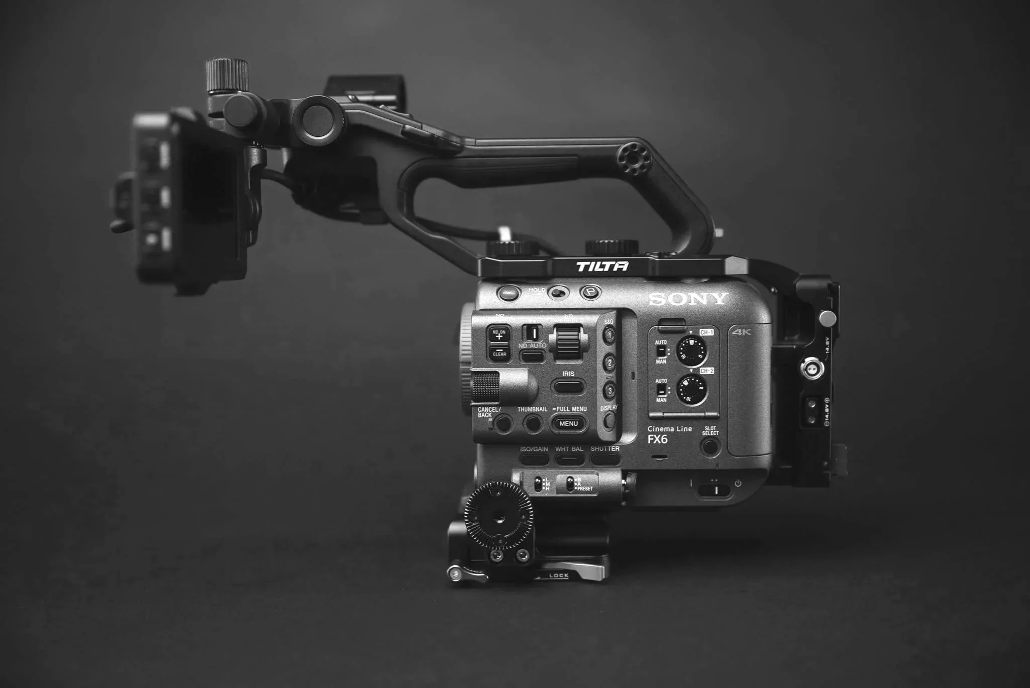 Sony FX6 cinema camera with Tilta cage and V-mount battery plate available for rental in Nuuk, Greenland.