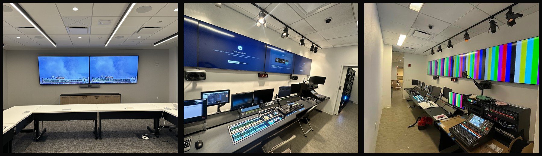 MediaMonkeys commercial AV projects: dual-display meeting room, broadcast control room, and production studio.