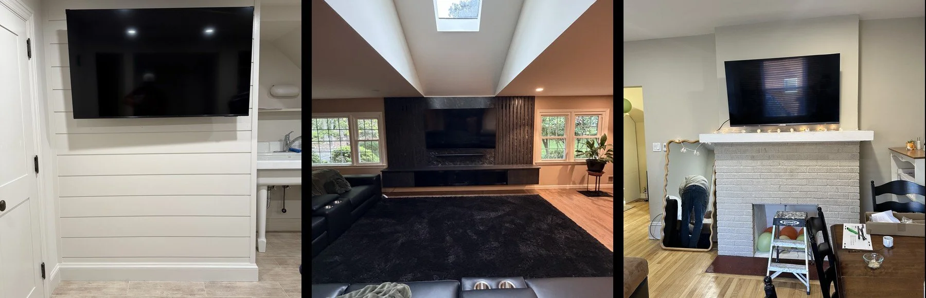 Three Media Monkeys residential TV installations, including a shiplap wall, a custom dark accent wall, and a fireplace mount.