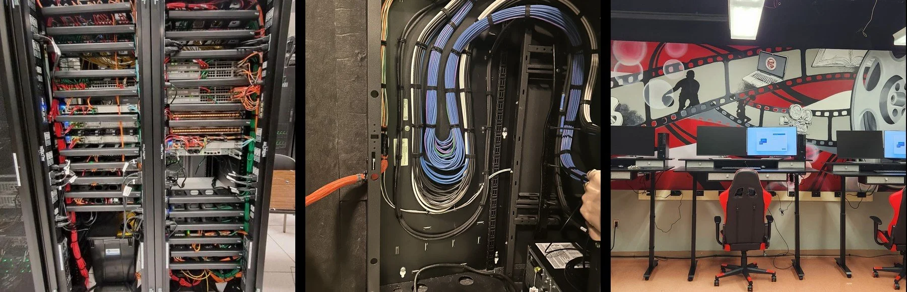 Media Monkeys projects: broadcast rack cabling, cable routing, and a studio installation.