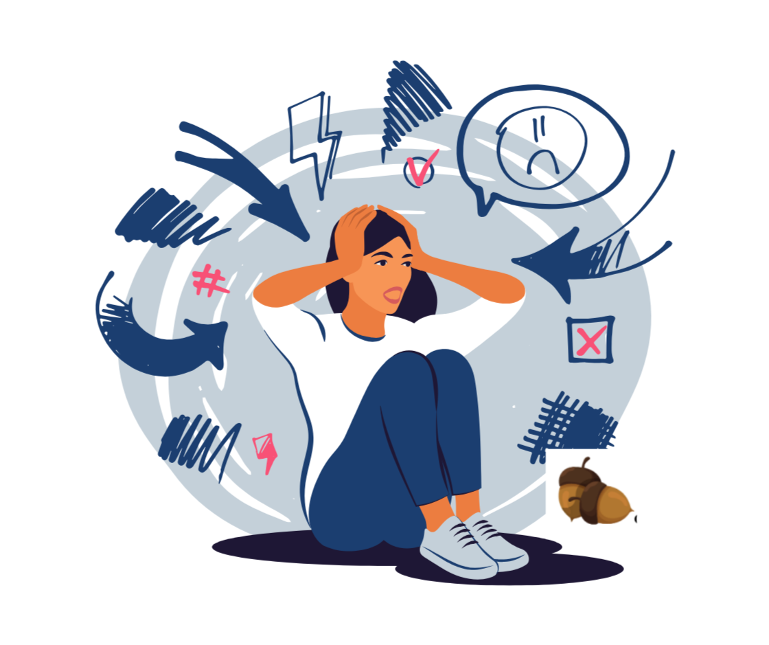 Cartoon image of a woman with her hand on her head surrounded by arrows, squiggles, and various other symbols symbolizing the overwhelming nature of anxiety.