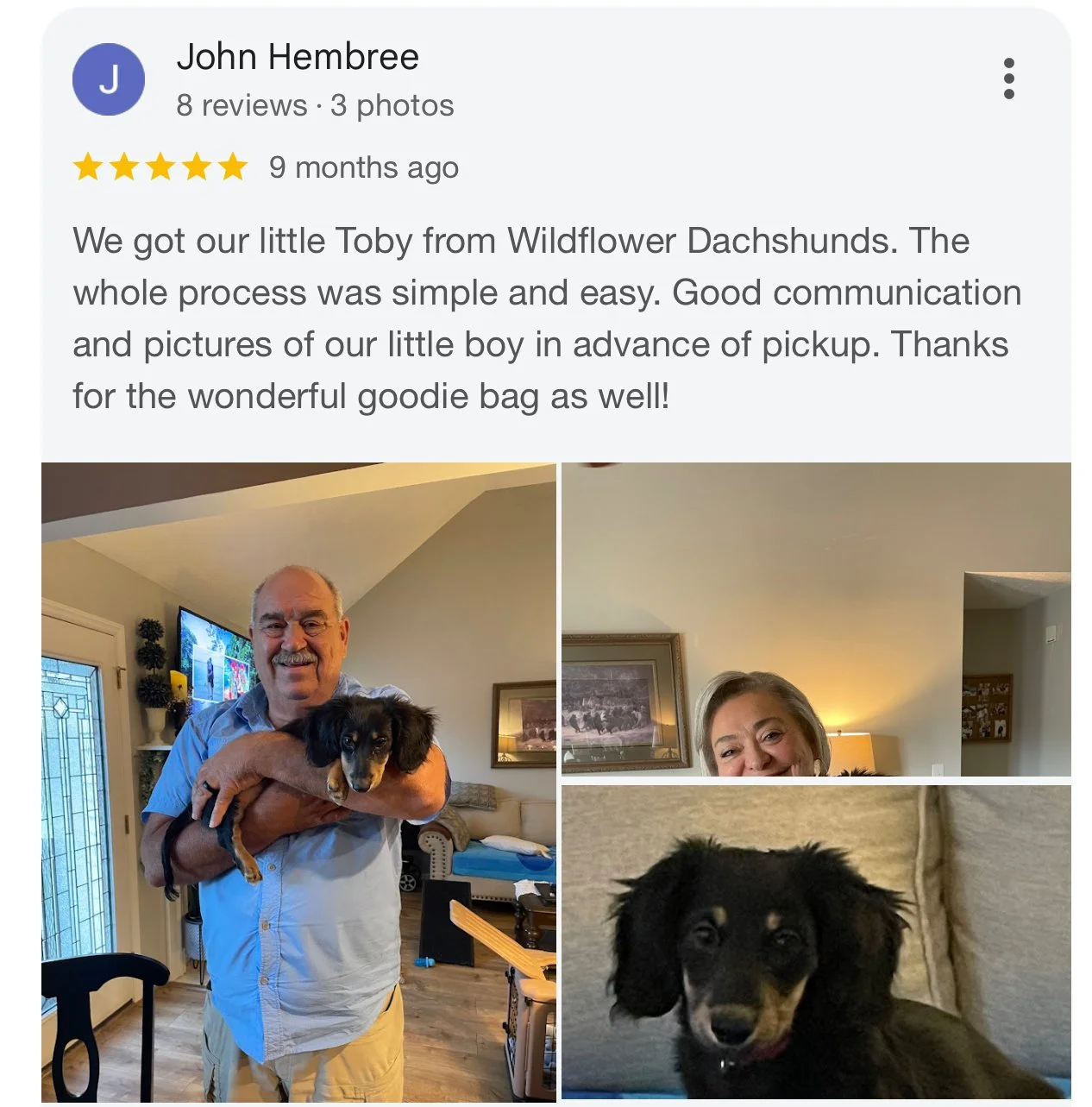 Screenshot of a review with photos of a man holding a puppy and a woman with another puppy, both in a cozy indoor setting.