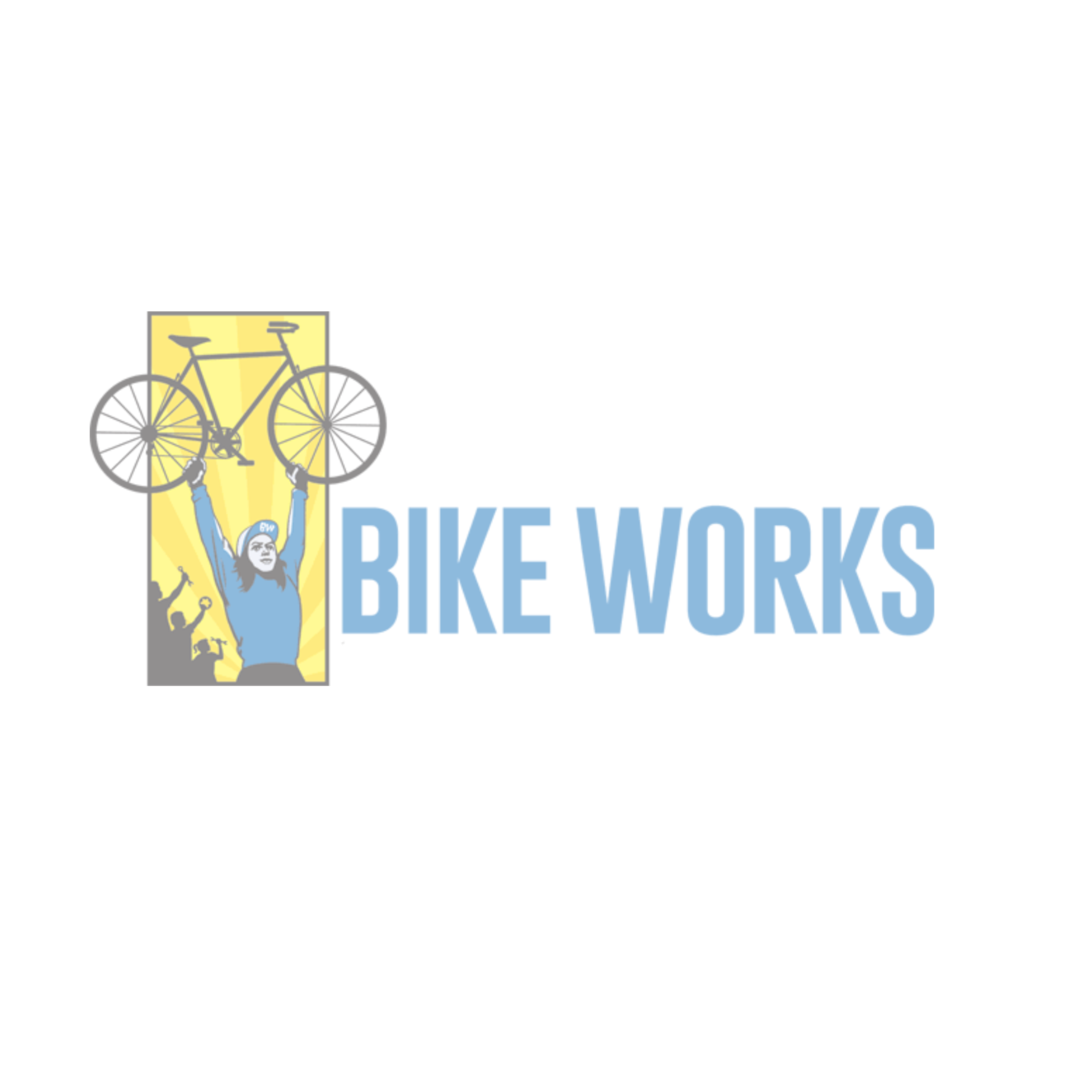 Logo with words Bike Works and image of a person lifting a bicycle overhead