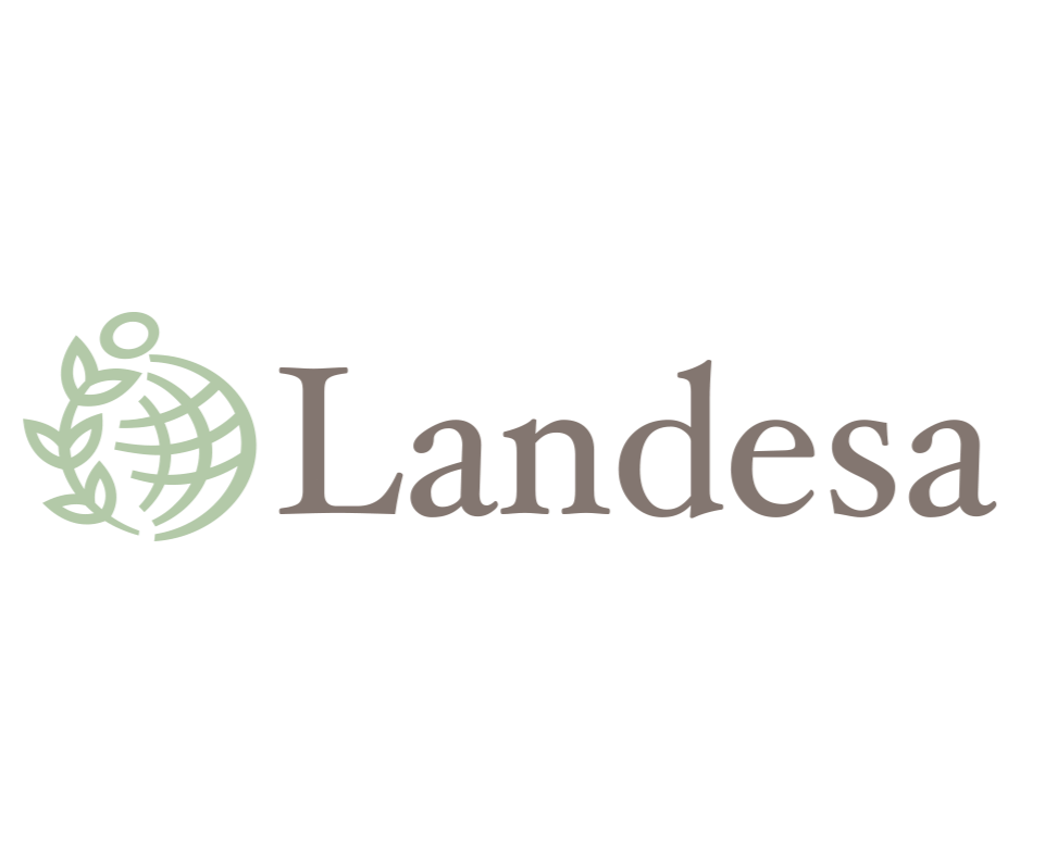 Landesa Logo: a green world wrapped in a vine next to brown text of Landesa 