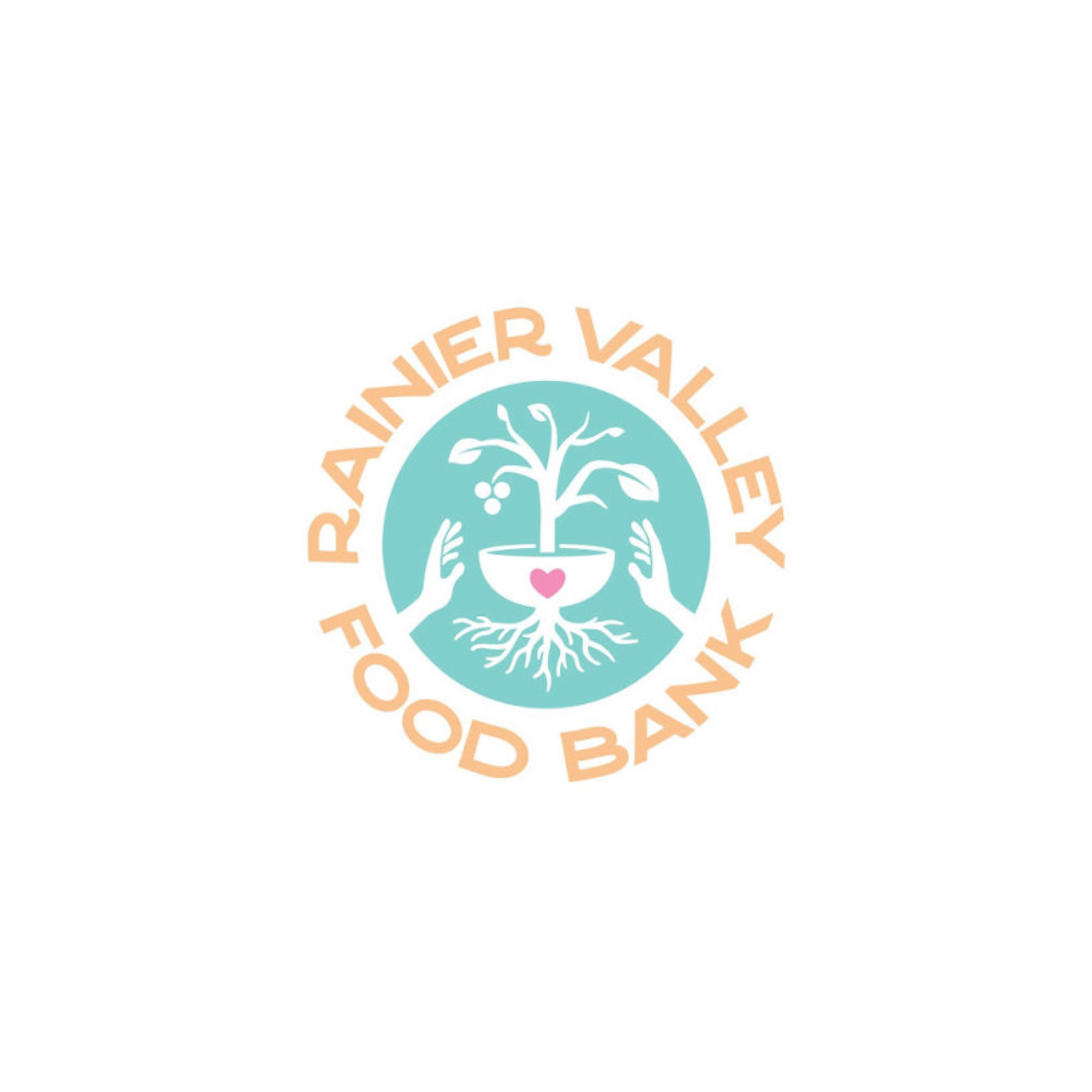 A logo of a plant with roots and branches and a heart in the middle of the pot. It is surrounded with the text Rainier Valley Food Bank in a circled curve.