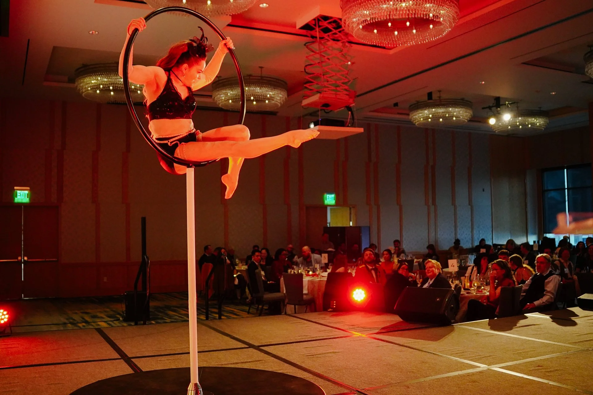 A female acrobat performs onstage with a big hoop and pole and guests are watching her on the background.
