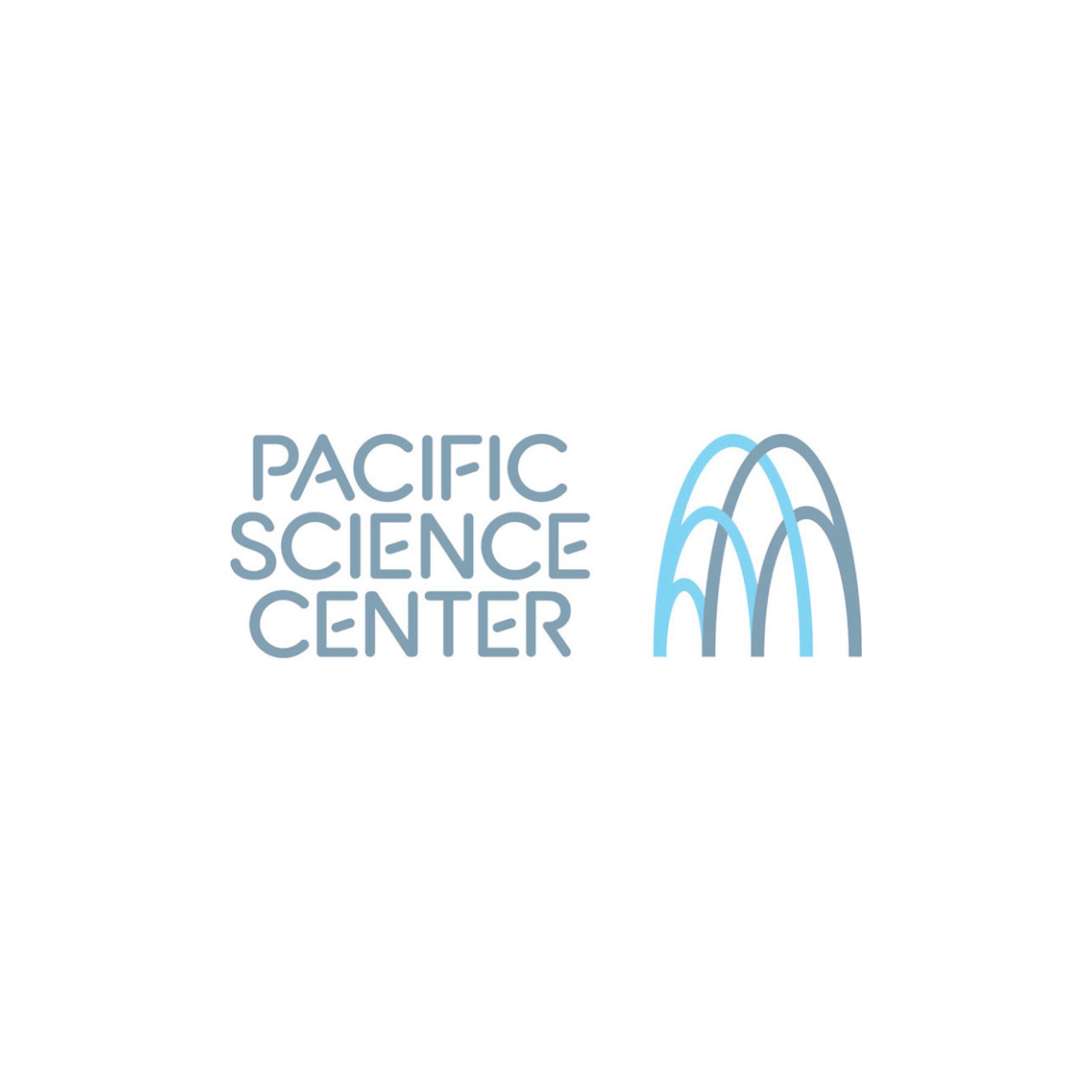 The words Pacific Science Center in blue with two blue arches beside it.