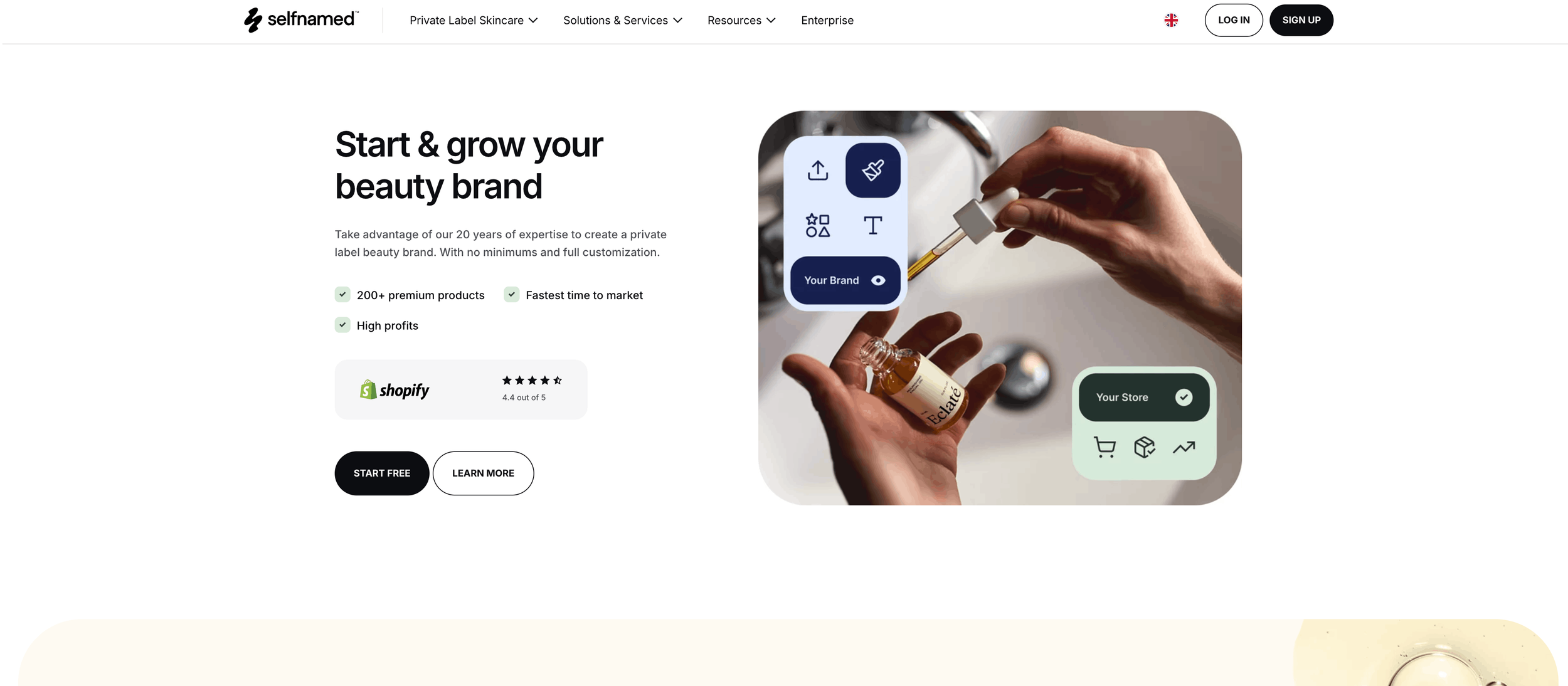 Website homepage for a company called Selfnamed, promoting private label skincare products and brand creation services. The page displays a person holding a small bottle of skincare product with digital design elements overlayed.