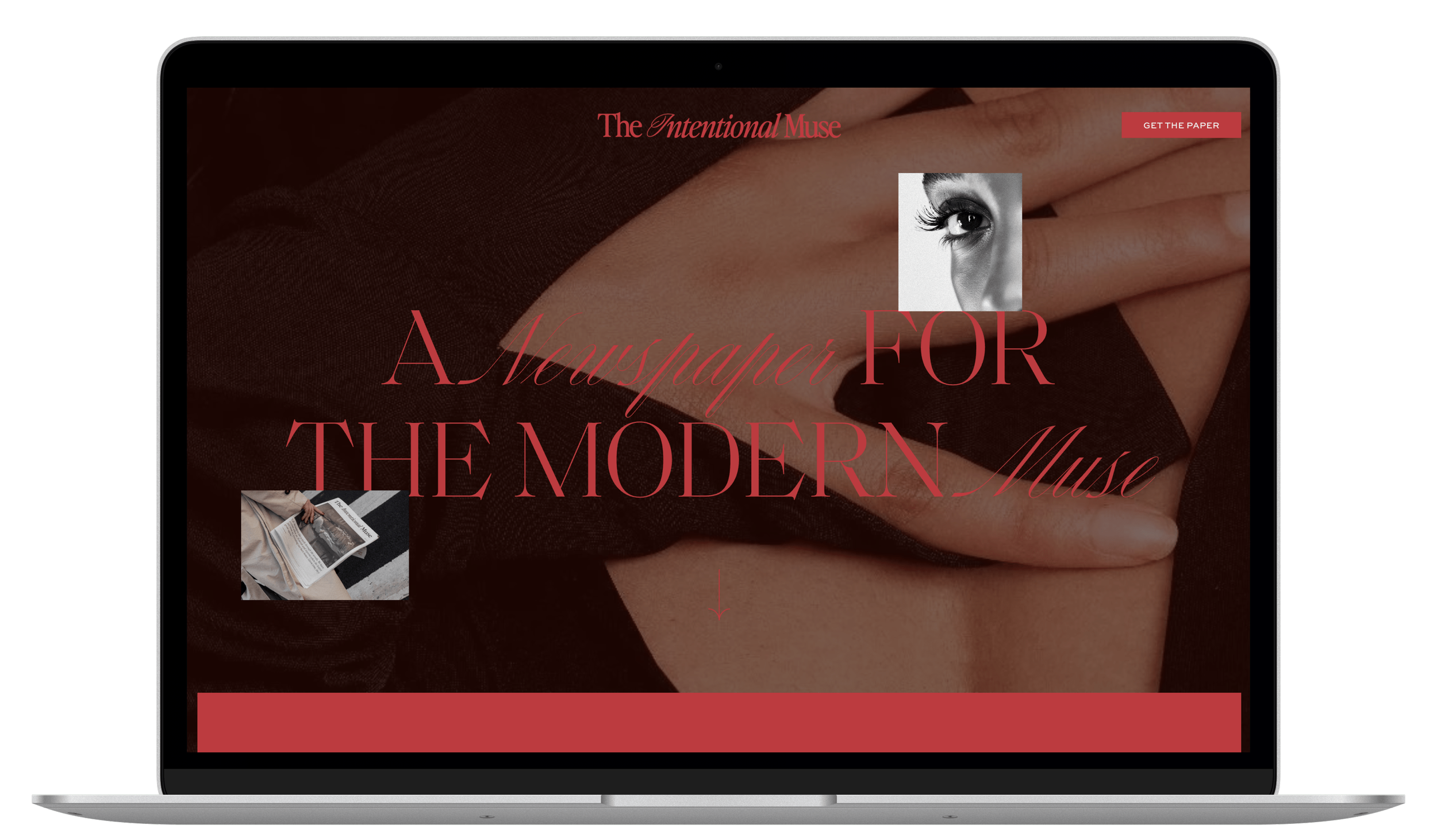 Laptop displaying a website with text "A Newspaper for the Modern Muse" and images of a woman with makeup and a person reading a newspaper.