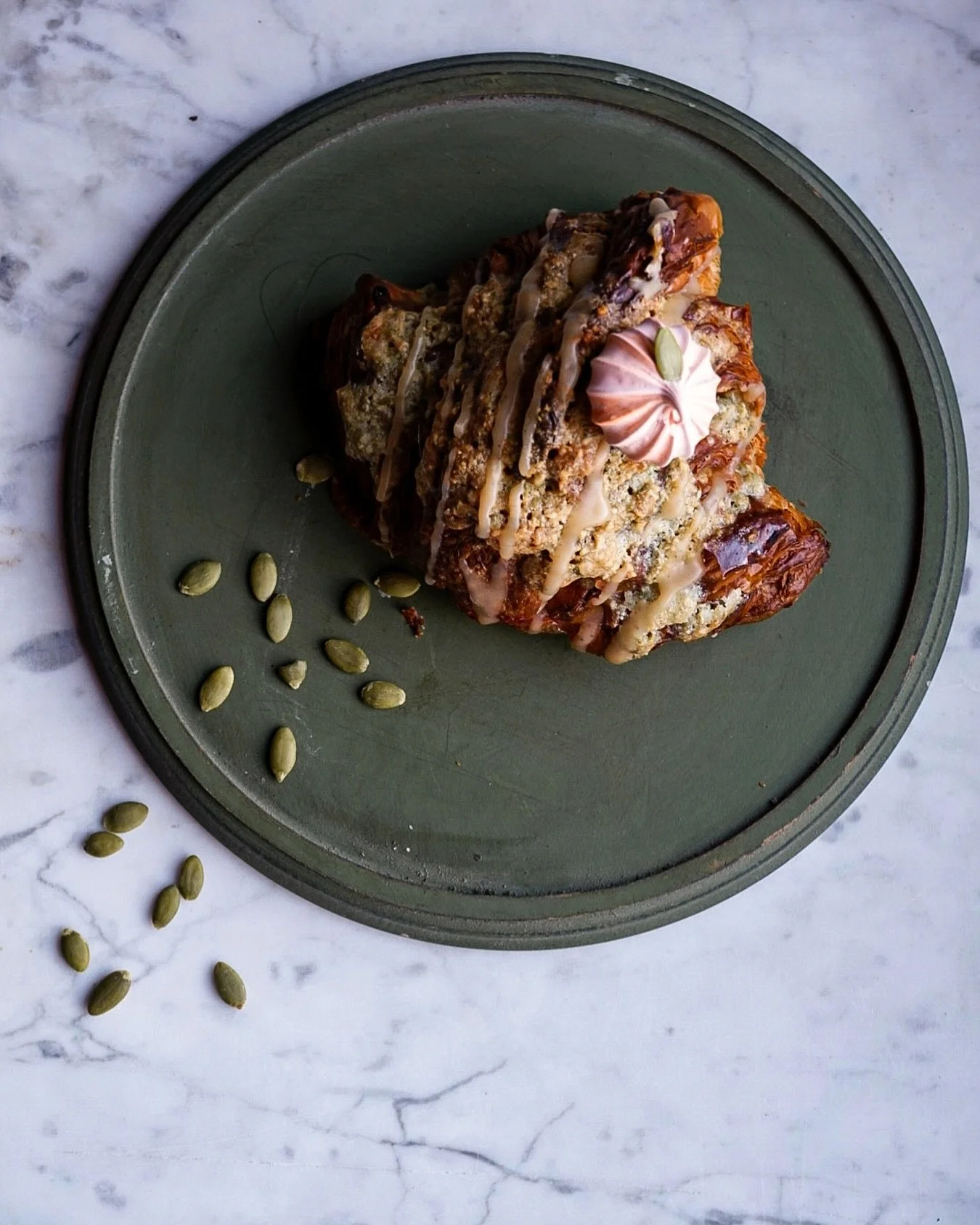 *PASTRY BOX + THANKSGIVING PRE-ORDERS*
This holiday inspired twice-baked croissant is the star of the show in this season&rsquo;s FALLING into WINTERING Pastry Box.  A nod to the pumpkin and maybe to be considered an adjacent fall flavor, pepitas tak