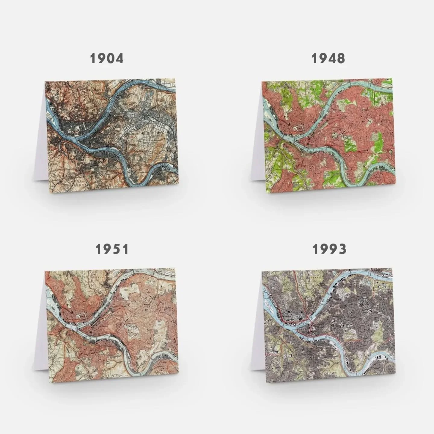 These Pittsburgh map greeting cards are now for sale in a pack of 8 (including envelopes!) at @paintedtreeboutiques in the Homestead Waterfront. Perfect for gift giving season! 🎁

I created a patchwork of historic topographic maps of the Pittsburgh 