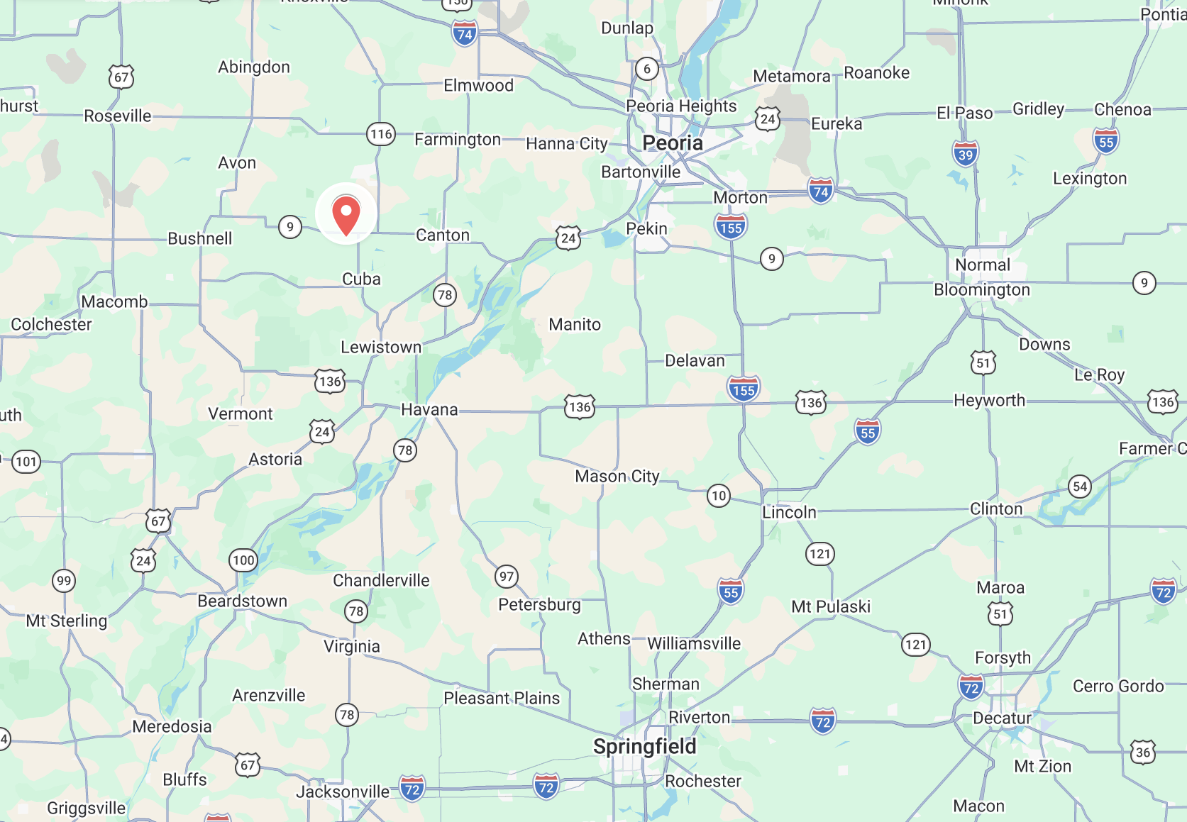 Map with a marker in Fulton County, IL