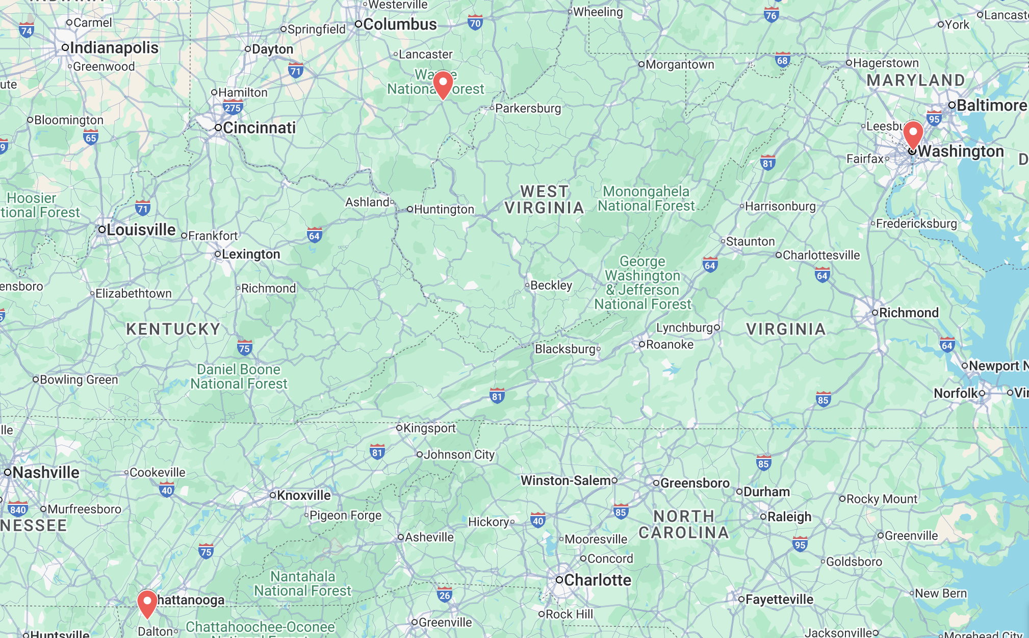 Map showing Athens, Ohio, Chickamauga, Georgia, and Washington DC