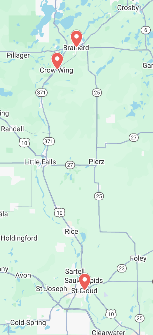 Map showing Crow Wing, St Cloud, and Brainerd in Minnesota